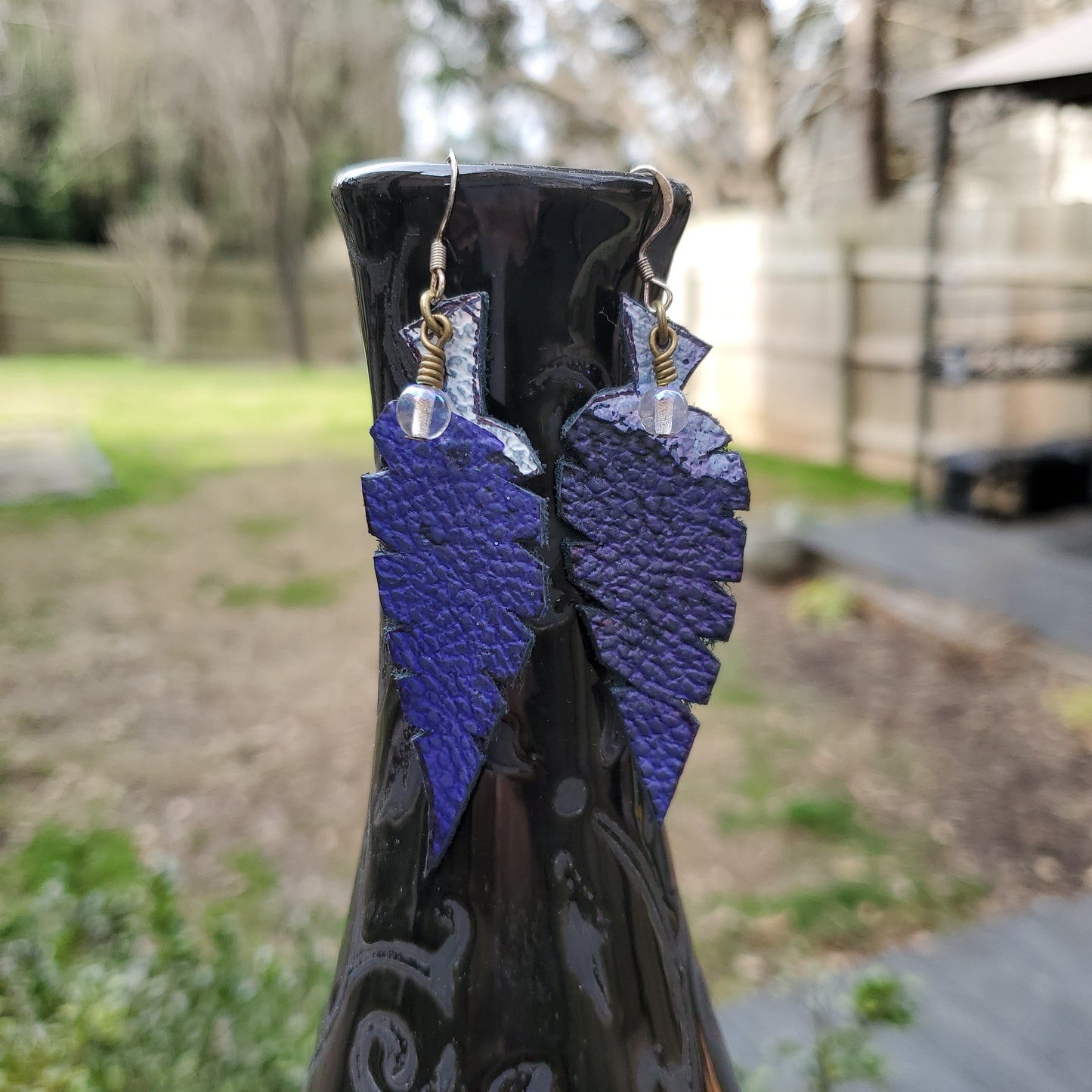 Violet Blue Leather Leaf Earrings