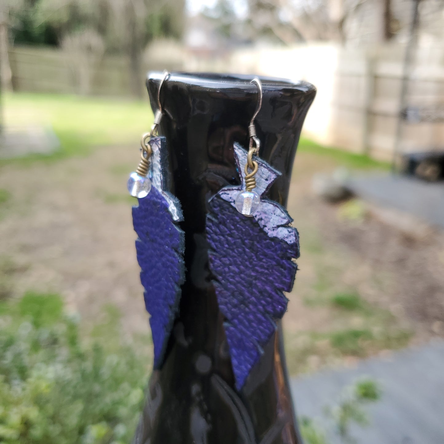 Violet Blue Leather Leaf Earrings