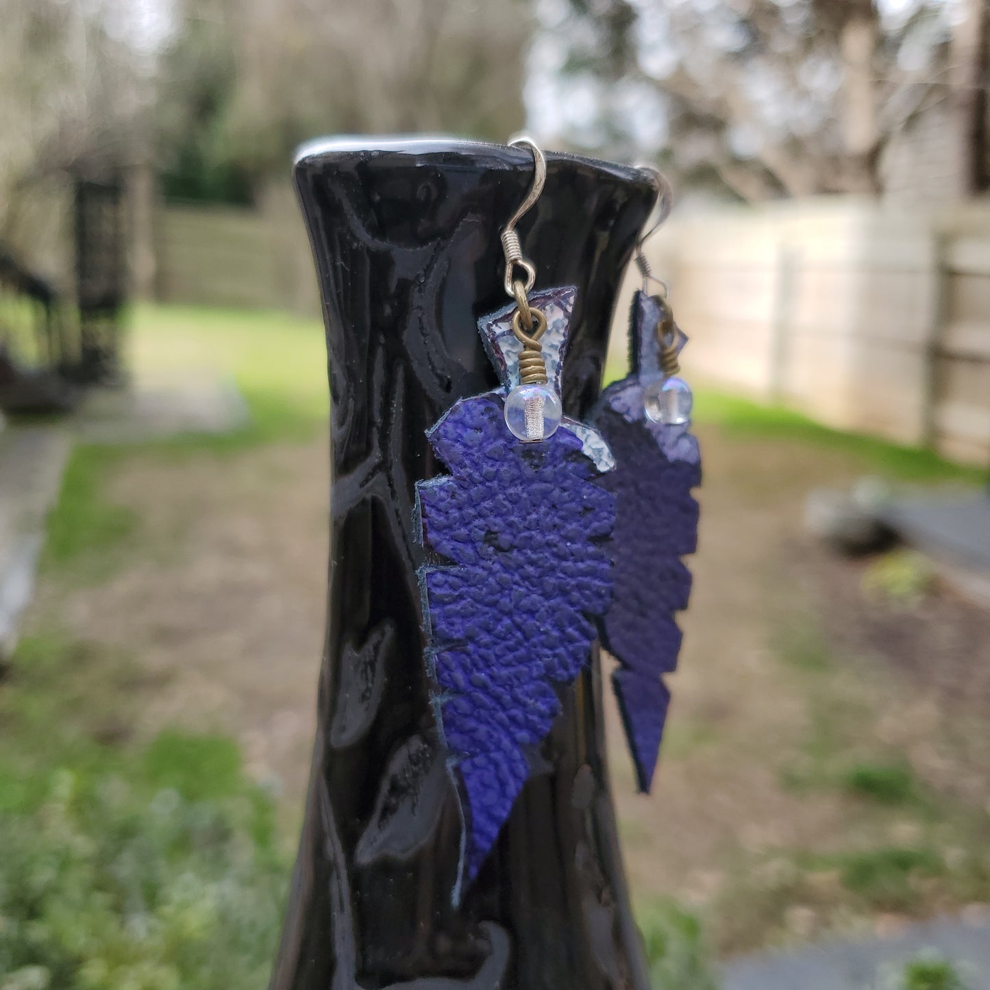 Violet Blue Leather Leaf Earrings