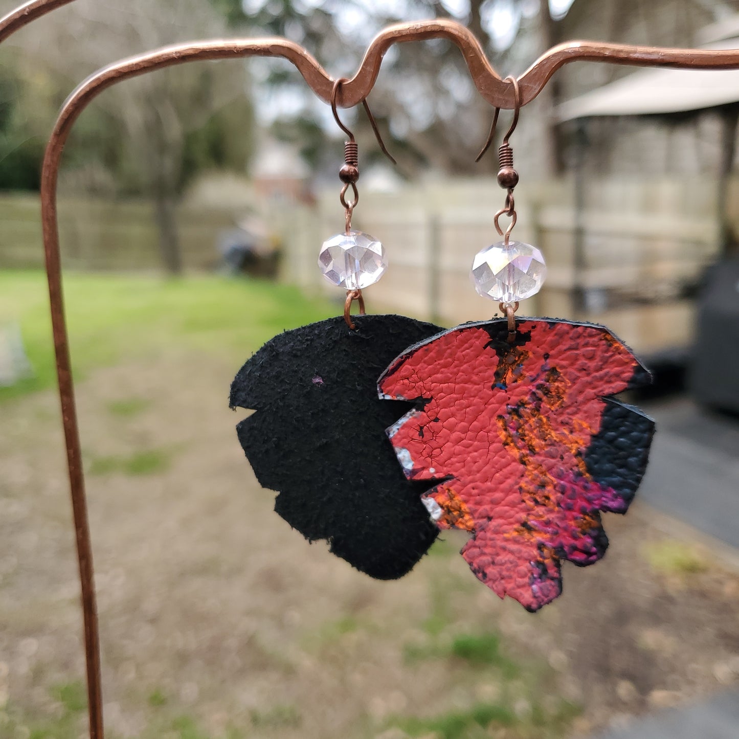 Coral, Pink and Black Leather Earrings