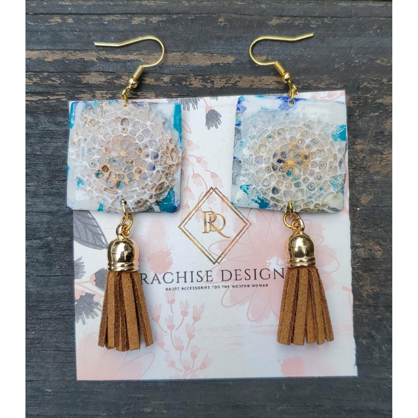 Lacey Tan and Blue Earrings