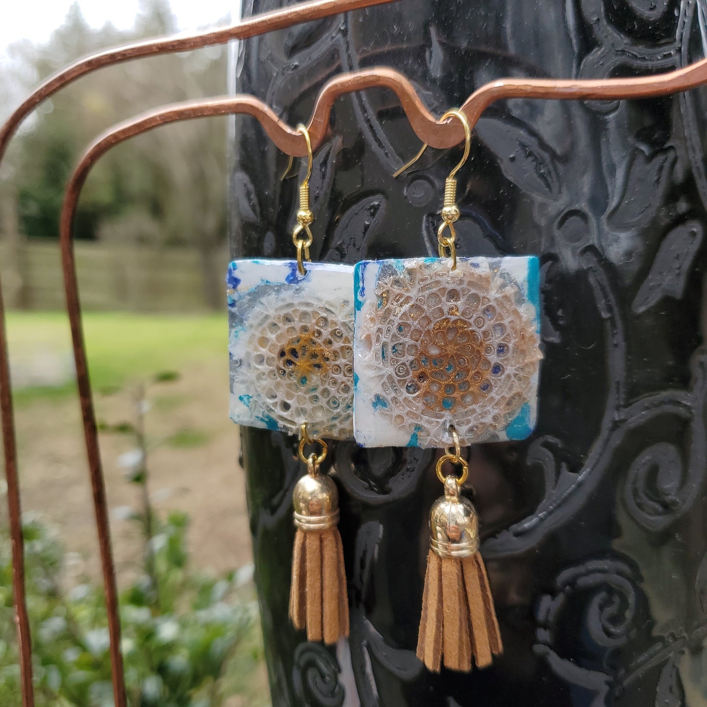 Lacey Tan and Blue Earrings