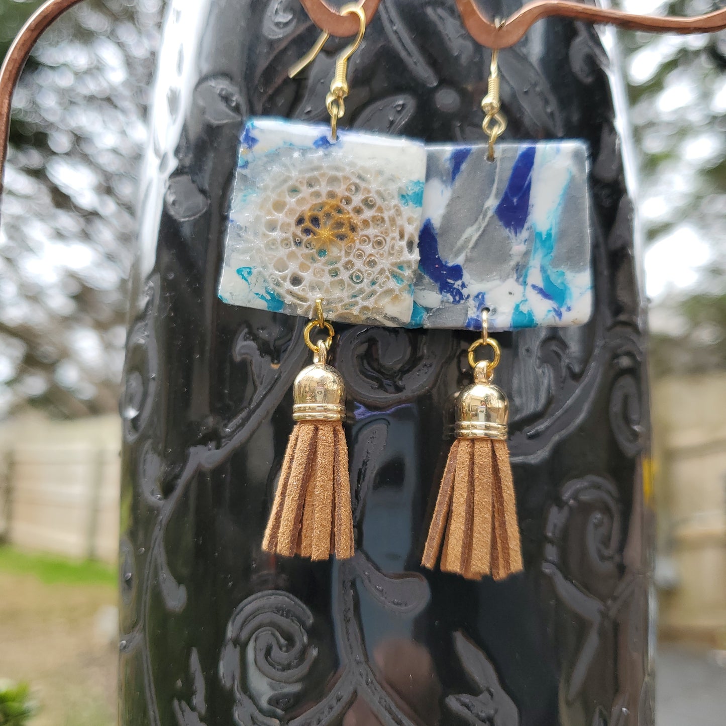Lacey Tan and Blue Earrings