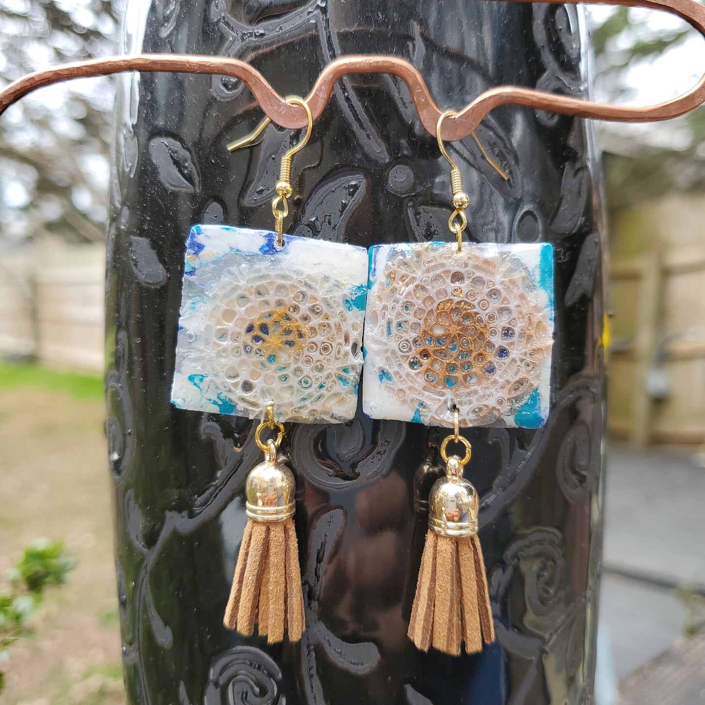 Lacey Tan and Blue Earrings