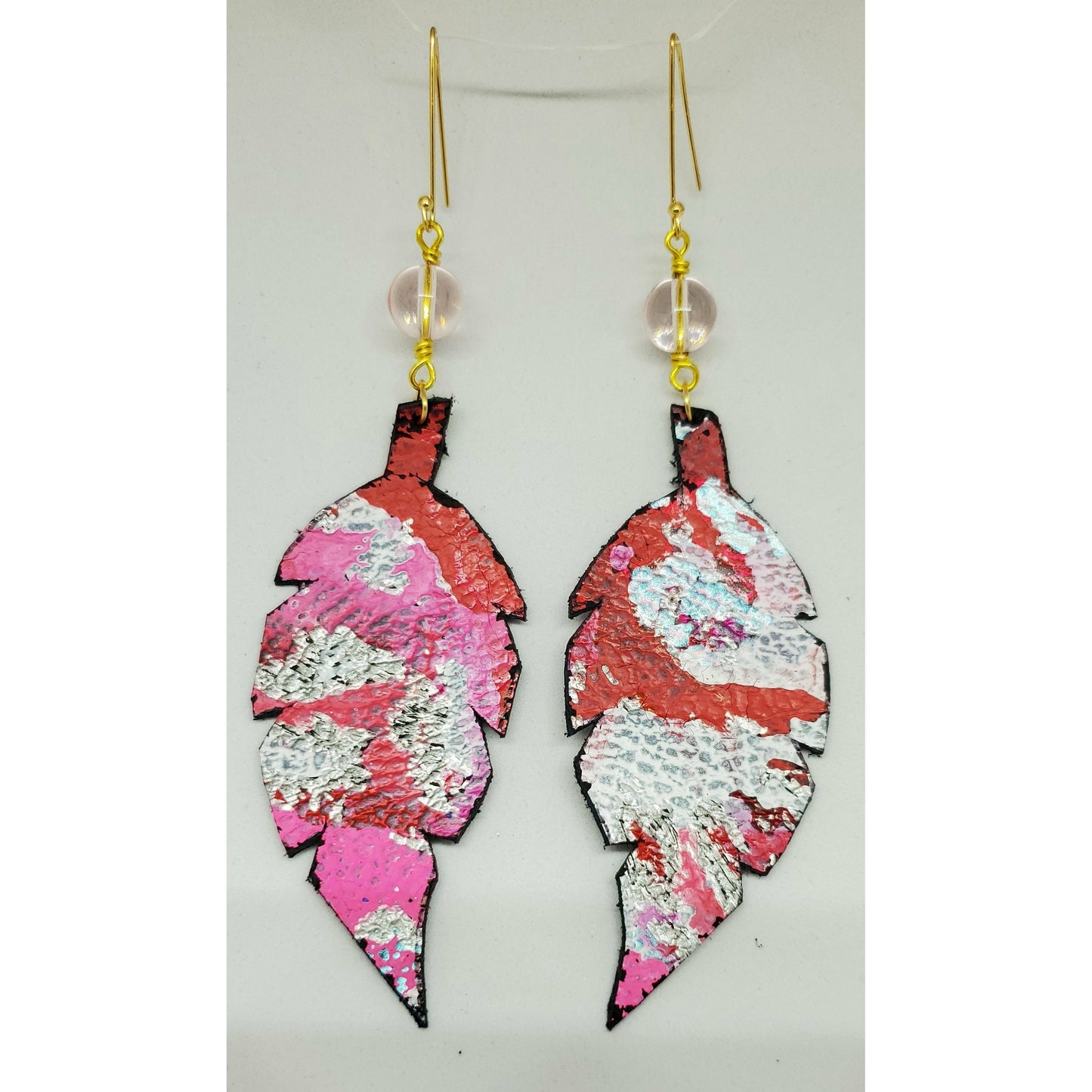 Pink, Red and White Leather Feather Earrings
