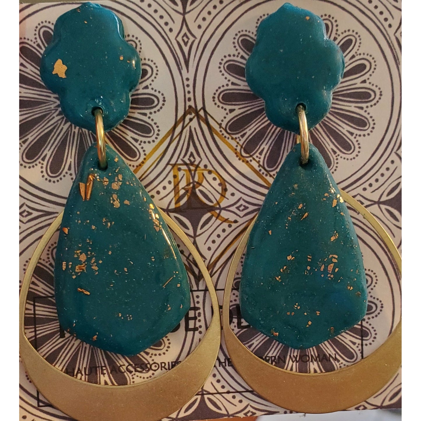 Teal blue and brass drop earrings