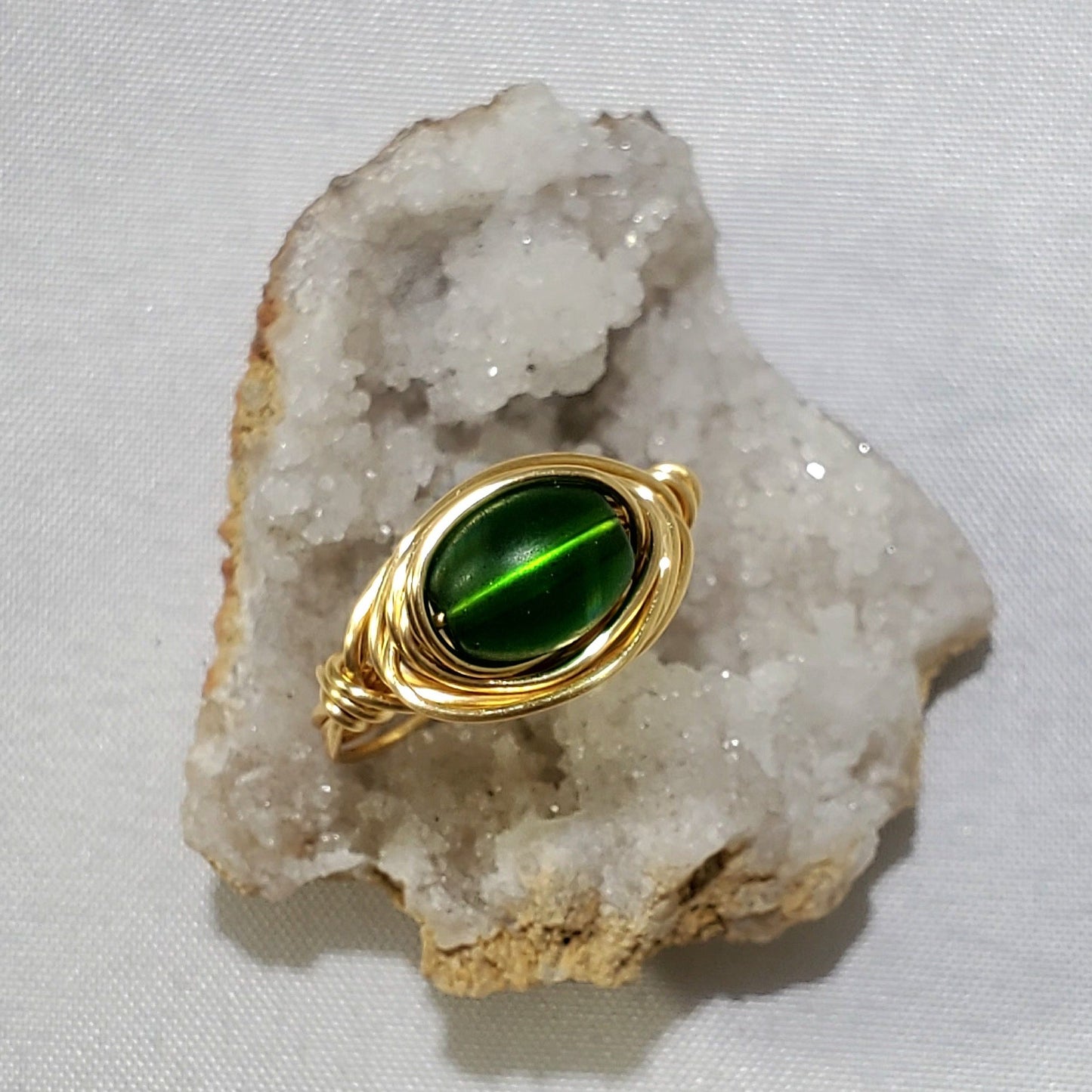 Emerald Green Gold Wire Wrapped Ring