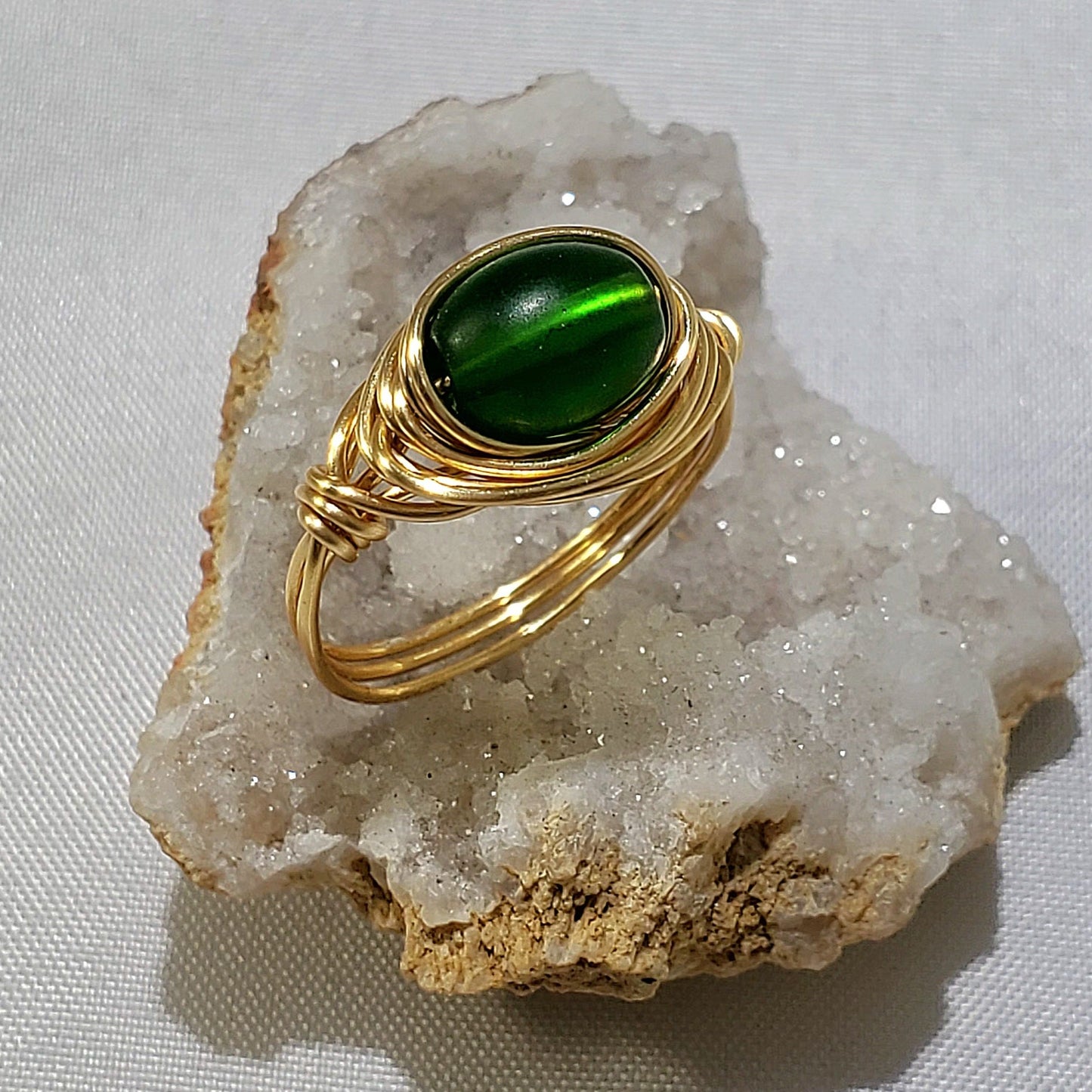 Emerald Green Gold Wire Wrapped Ring