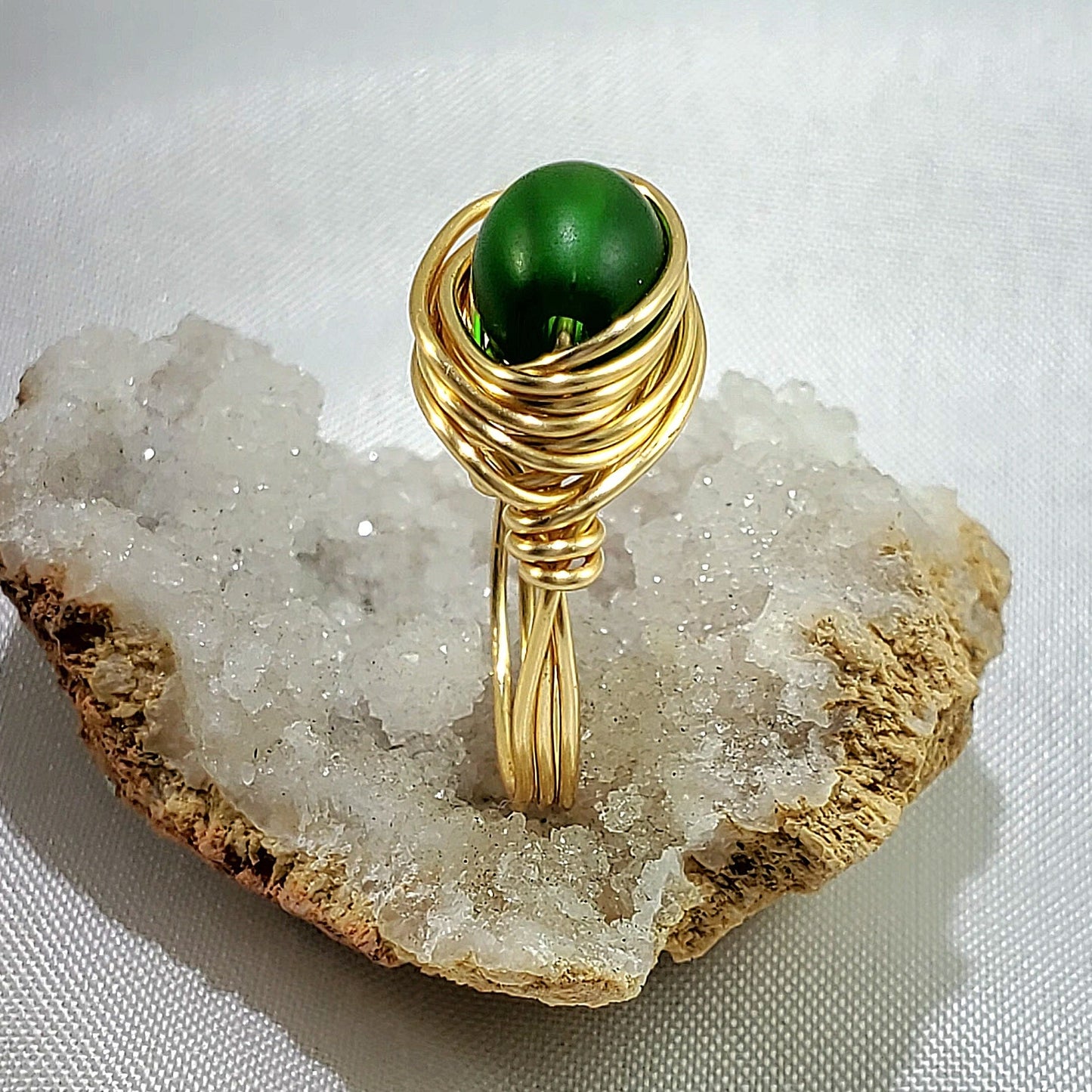 Emerald Green Gold Wire Wrapped Ring