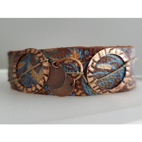 Hand Painted Leather Bracelet with Copper Rings
