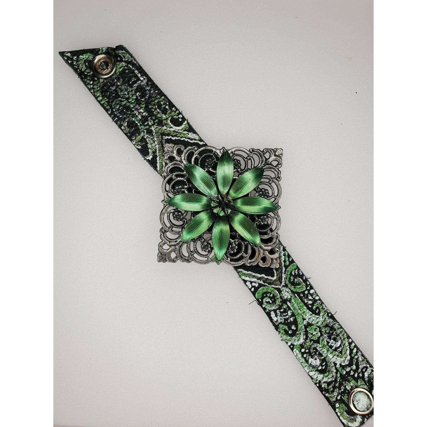 Green and Silver Black Leather Band Bracelet