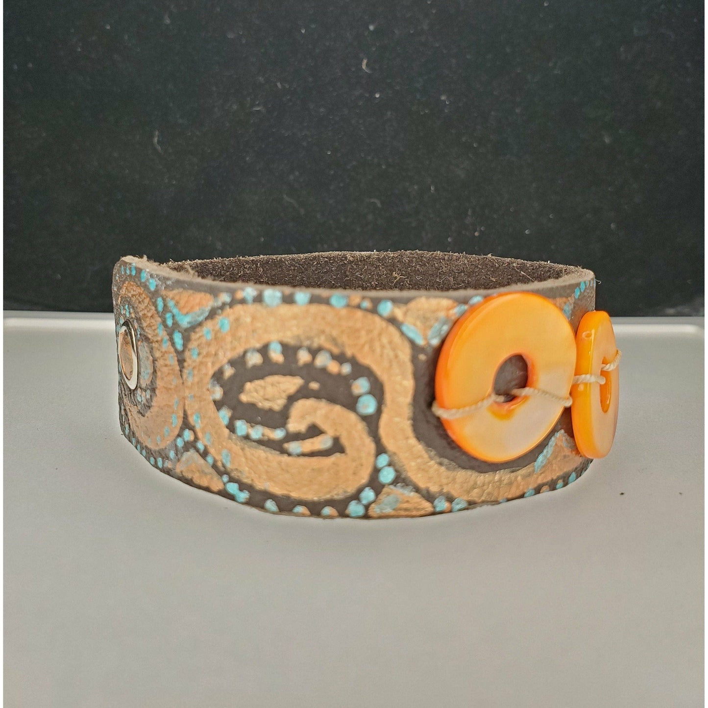 Orange Dyed Seashell Beads and Leather Bracelet