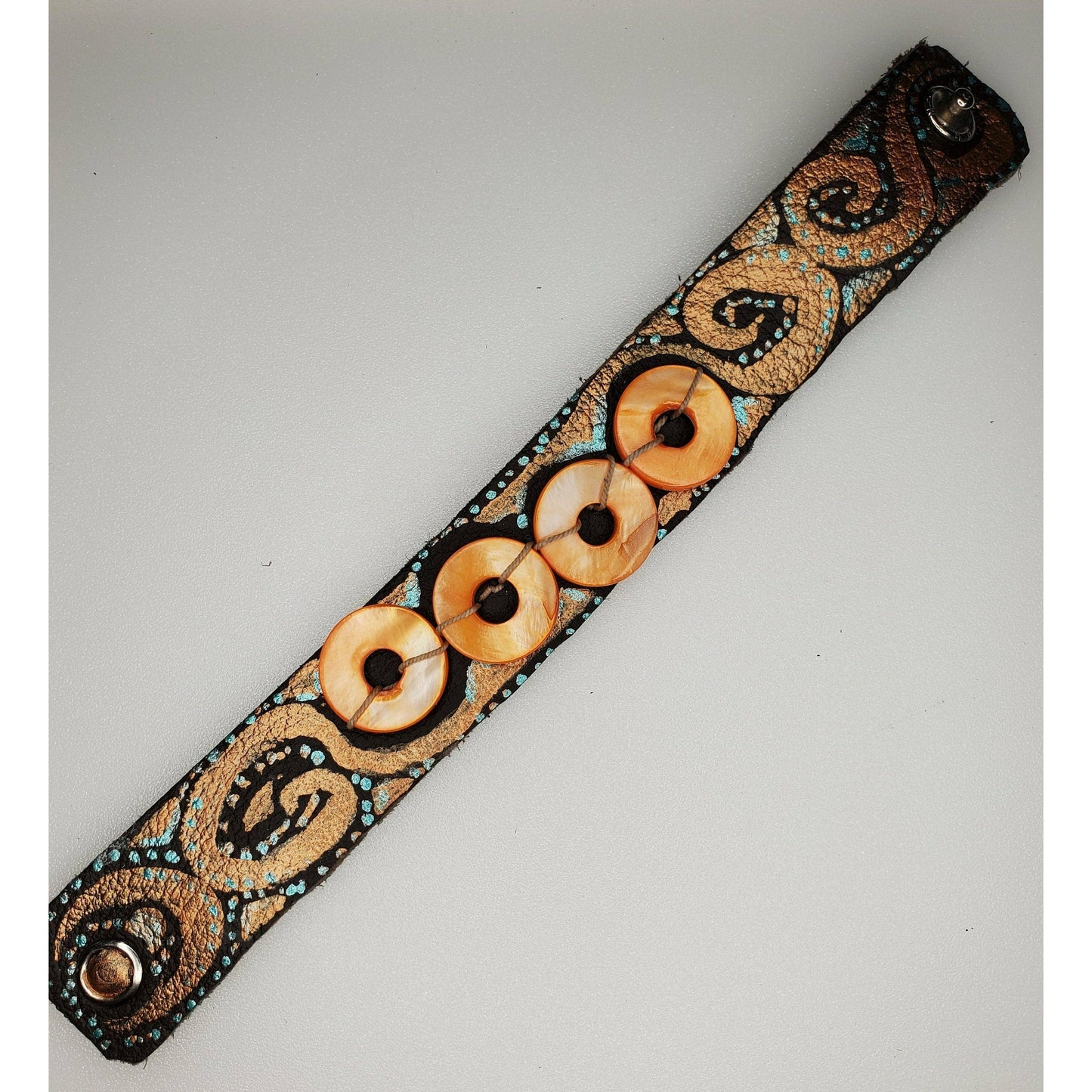 Orange Dyed Seashell Beads and Leather Bracelet