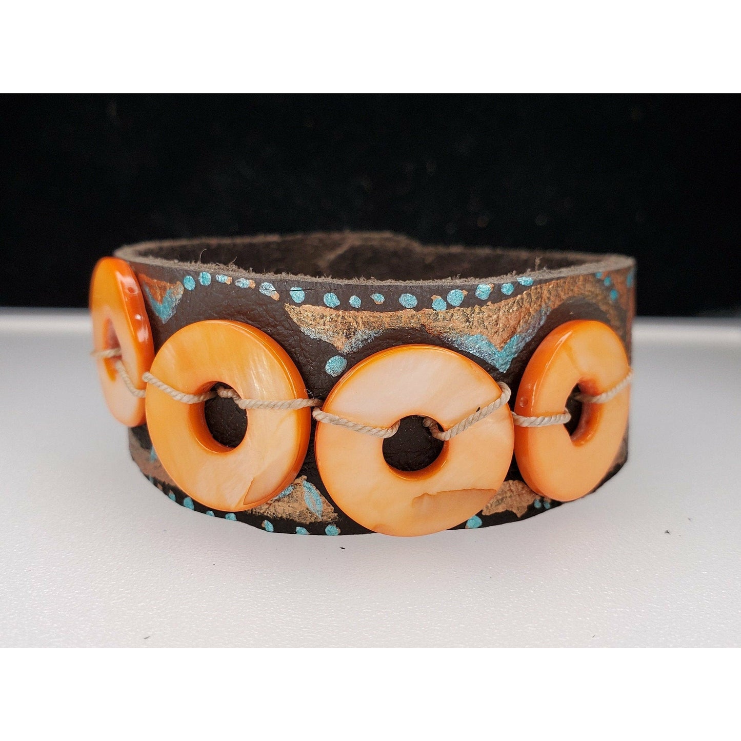 Orange Dyed Seashell Beads and Leather Bracelet