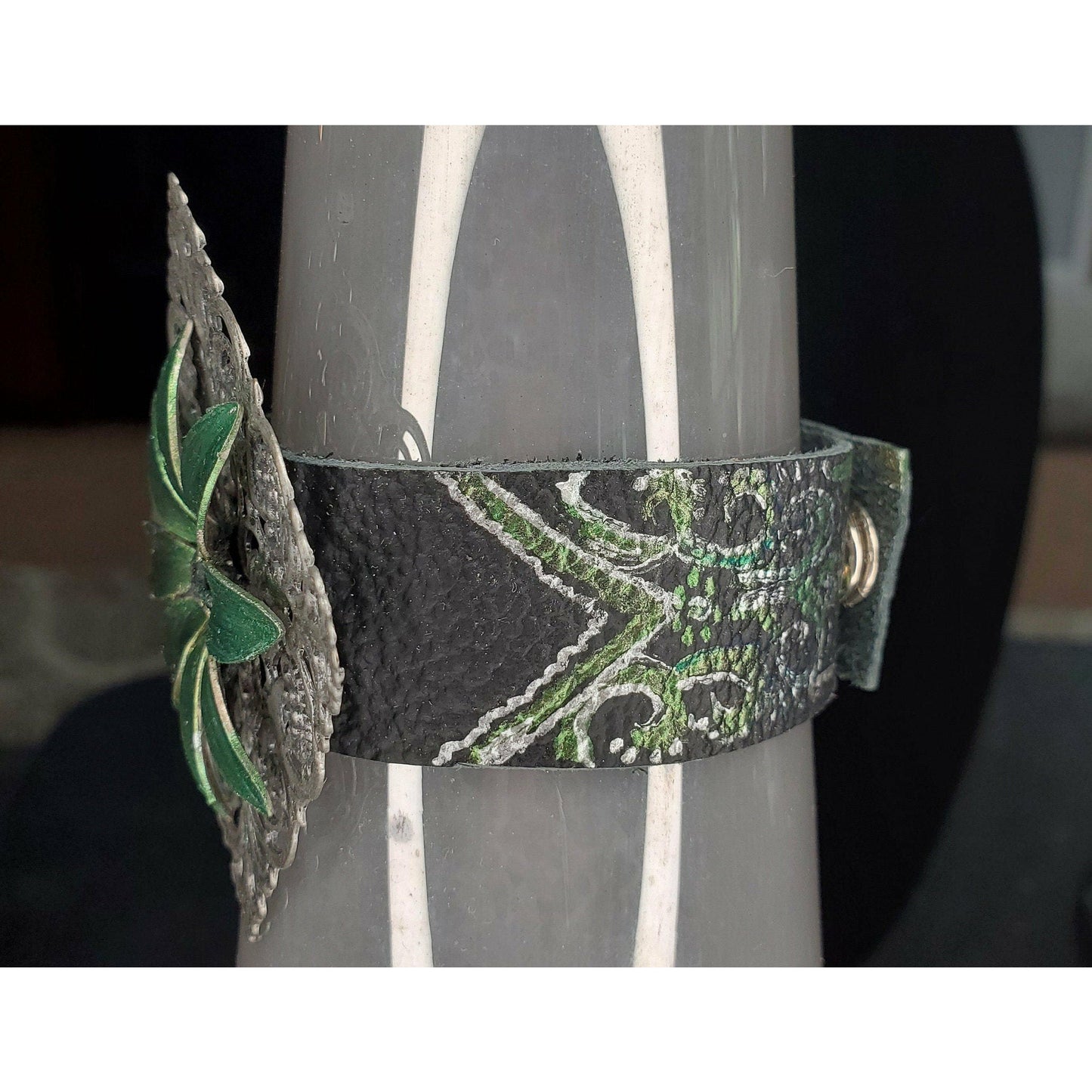 Green and Silver Black Leather Band Bracelet