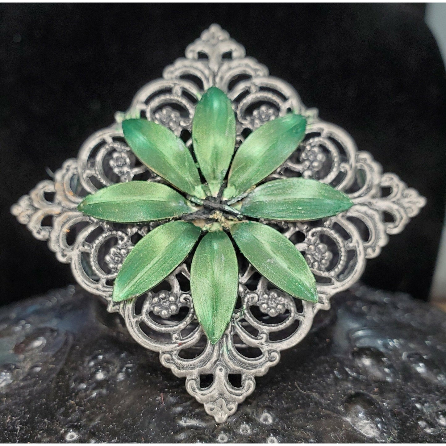 Green and Silver Black Leather Band Bracelet