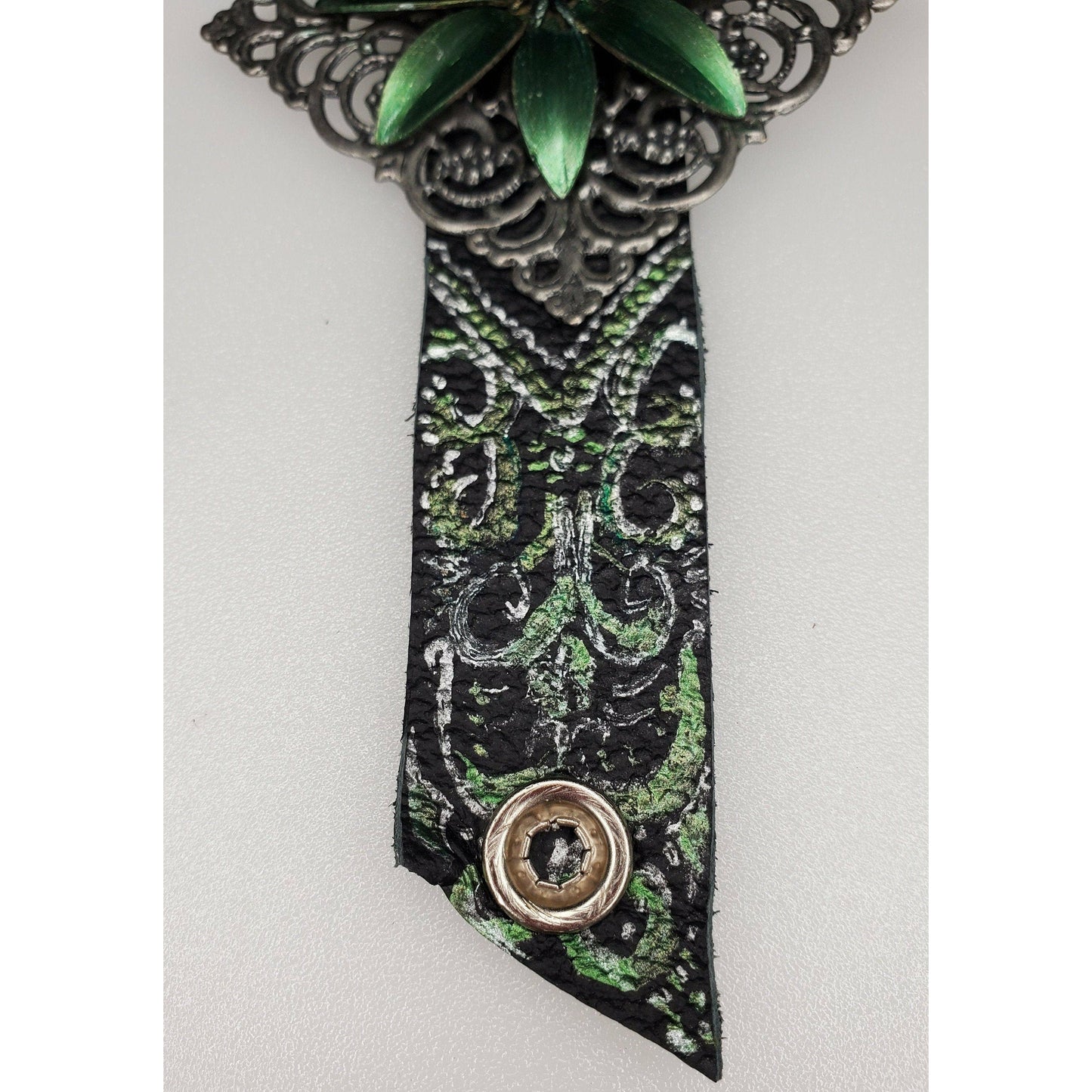 Green and Silver Black Leather Band Bracelet