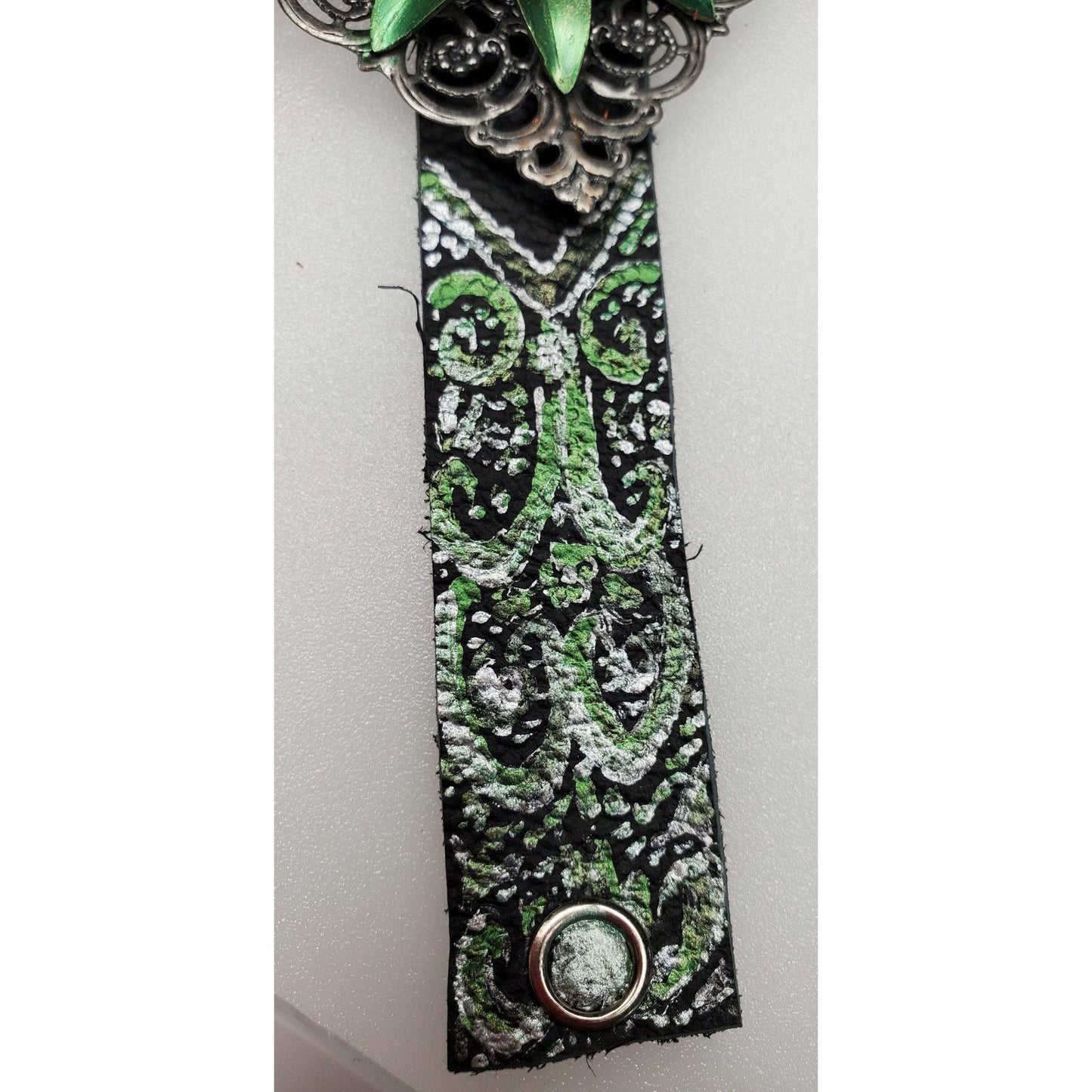 Green and Silver Black Leather Band Bracelet