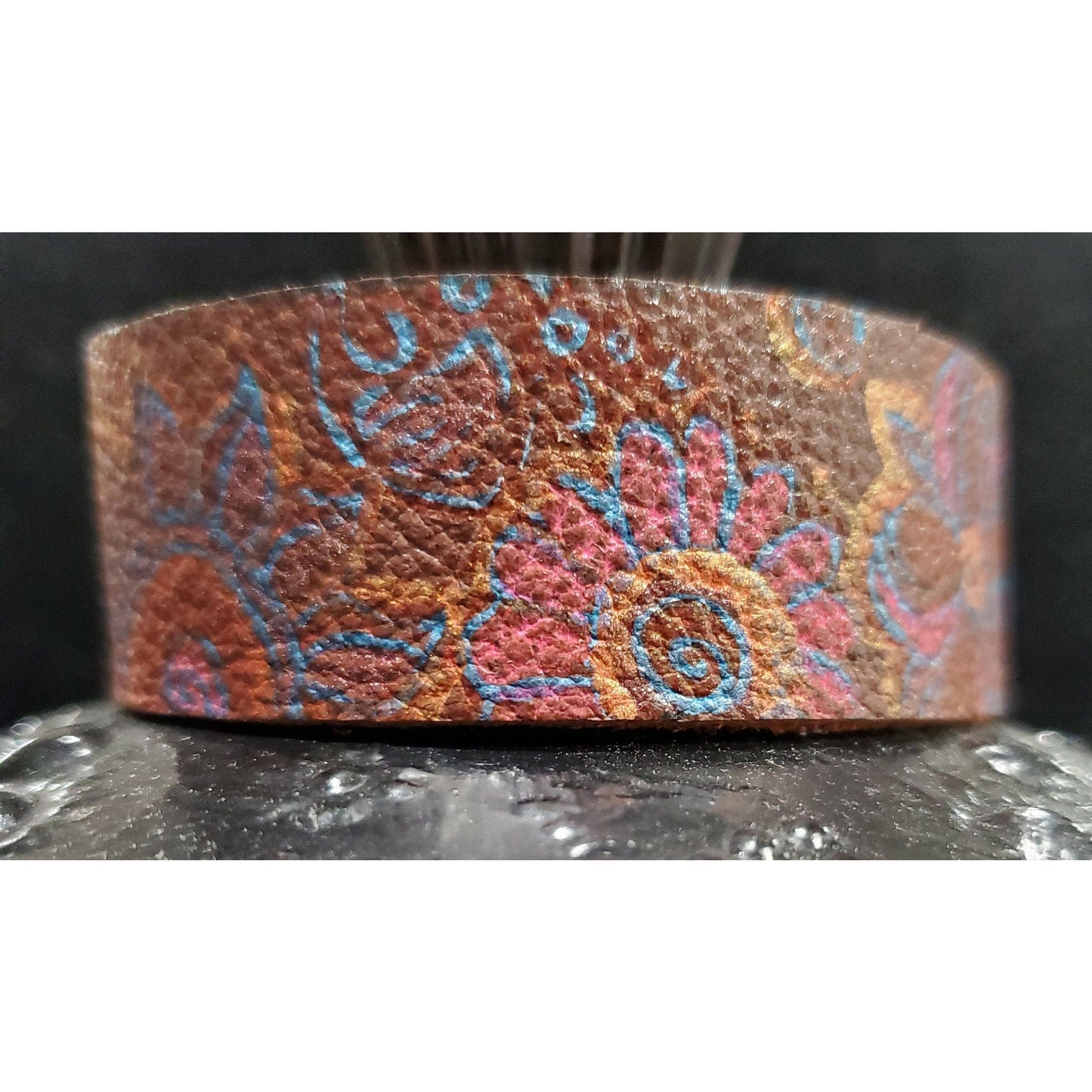 Pink and Blue Hand Painted Leather Bracelet