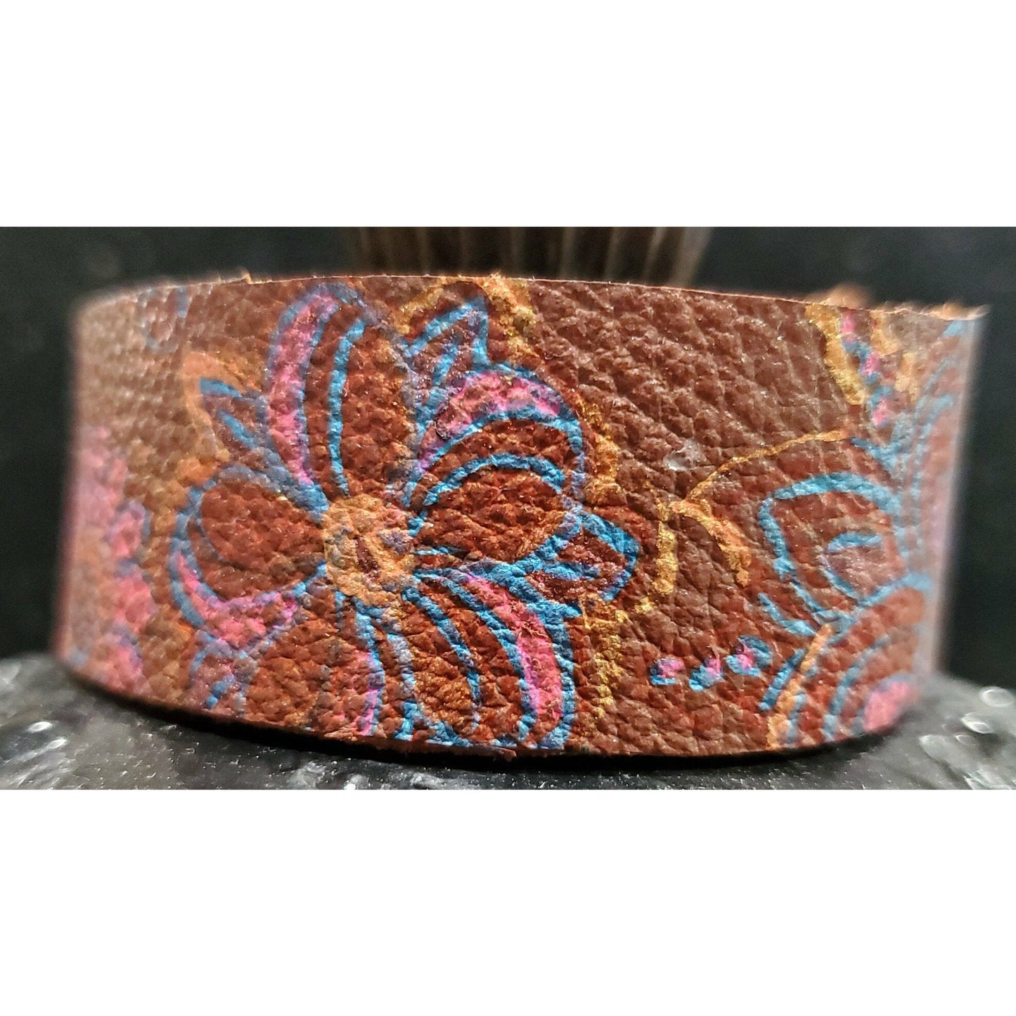 Pink and Blue Hand Painted Leather Bracelet