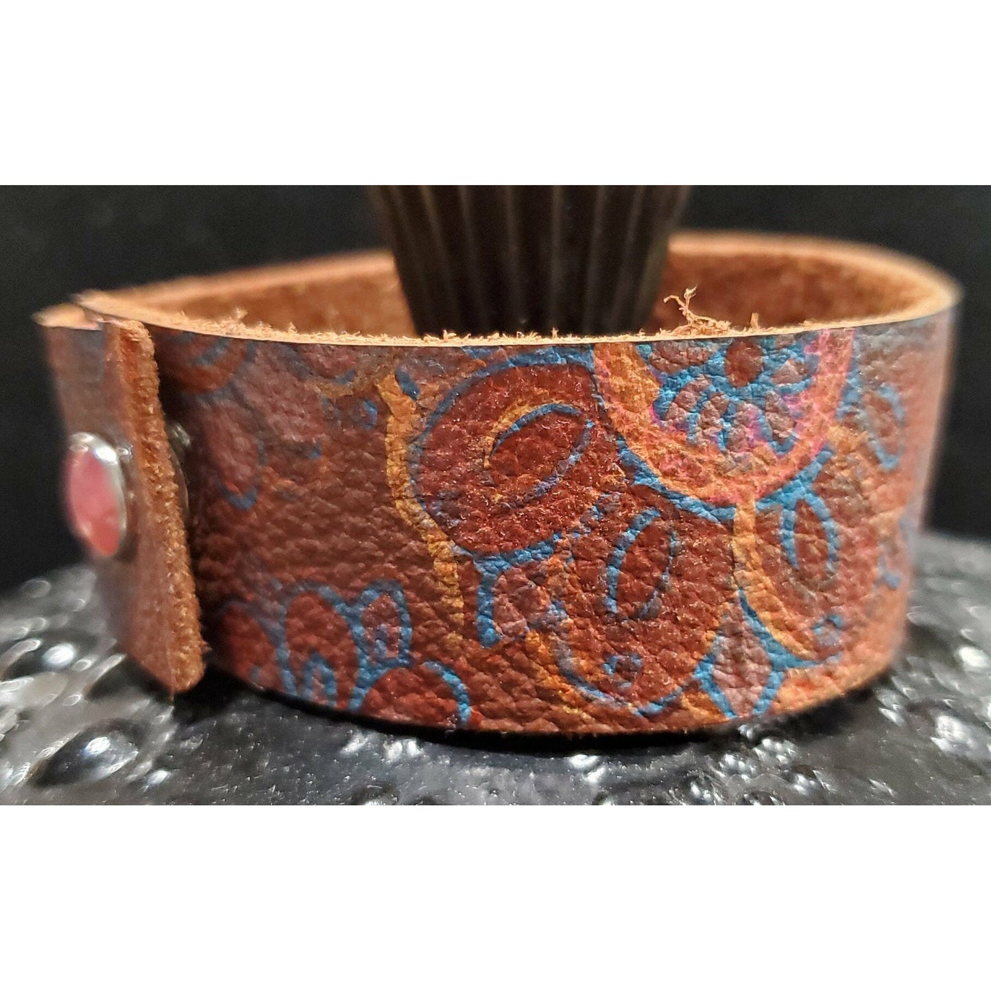 Pink and Blue Hand Painted Leather Bracelet