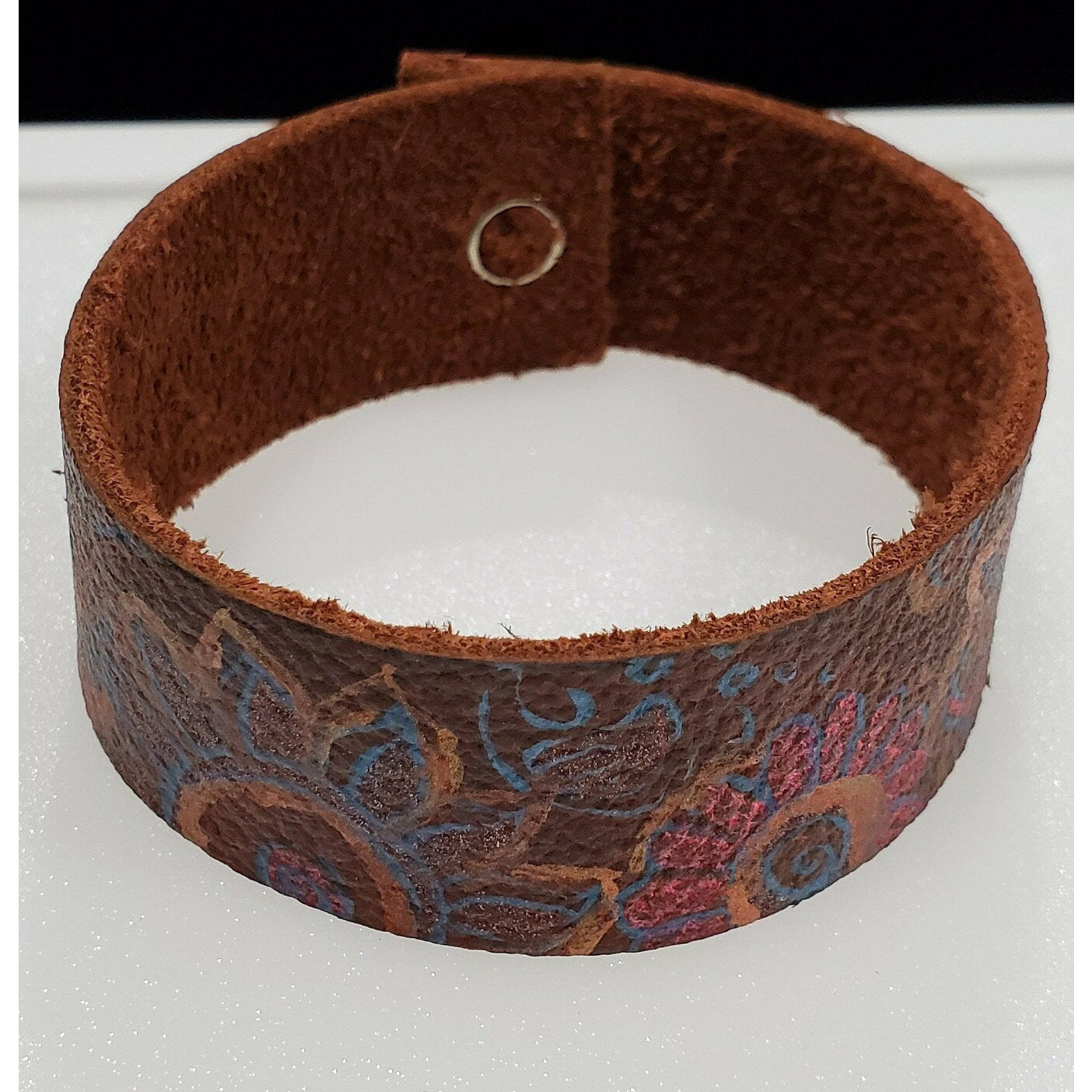 Pink and Blue Hand Painted Leather Bracelet