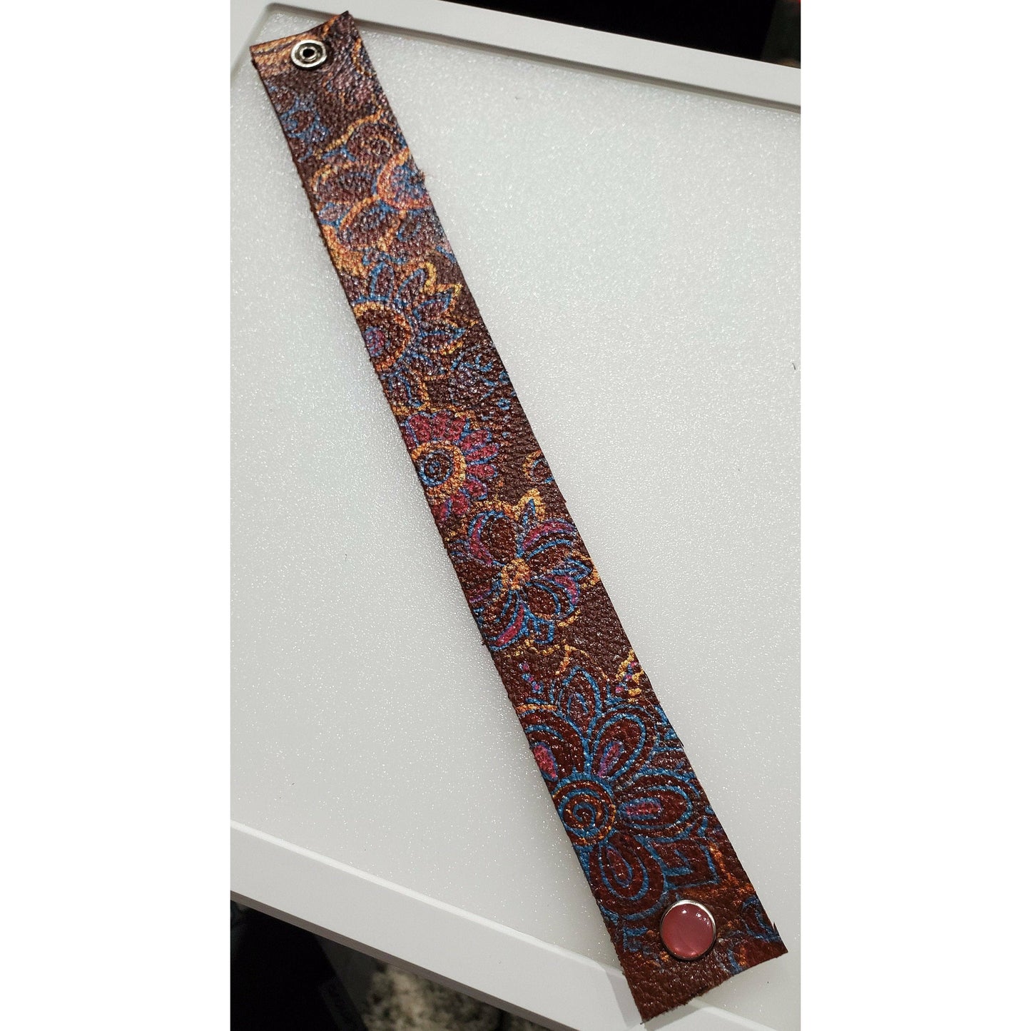 Pink and Blue Hand Painted Leather Bracelet