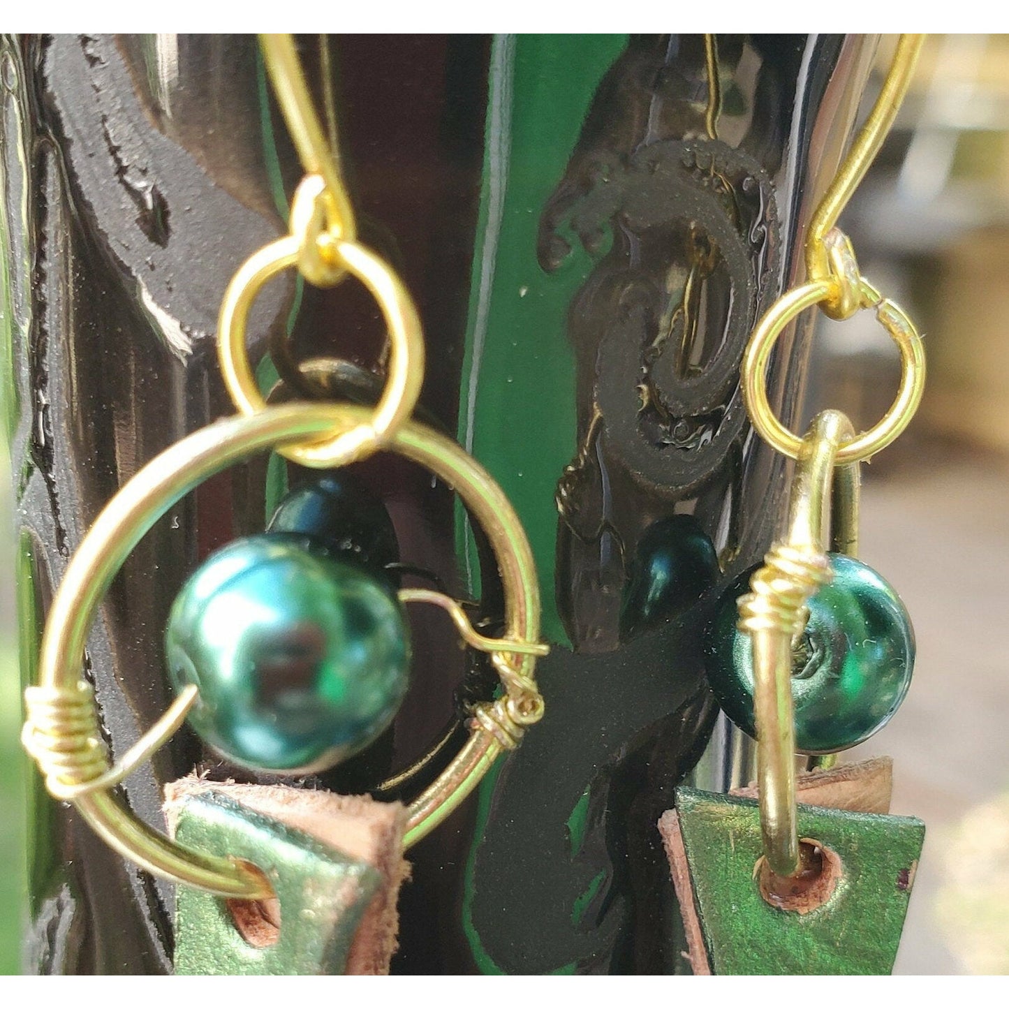Metallic Green Leather Tassel Earrings