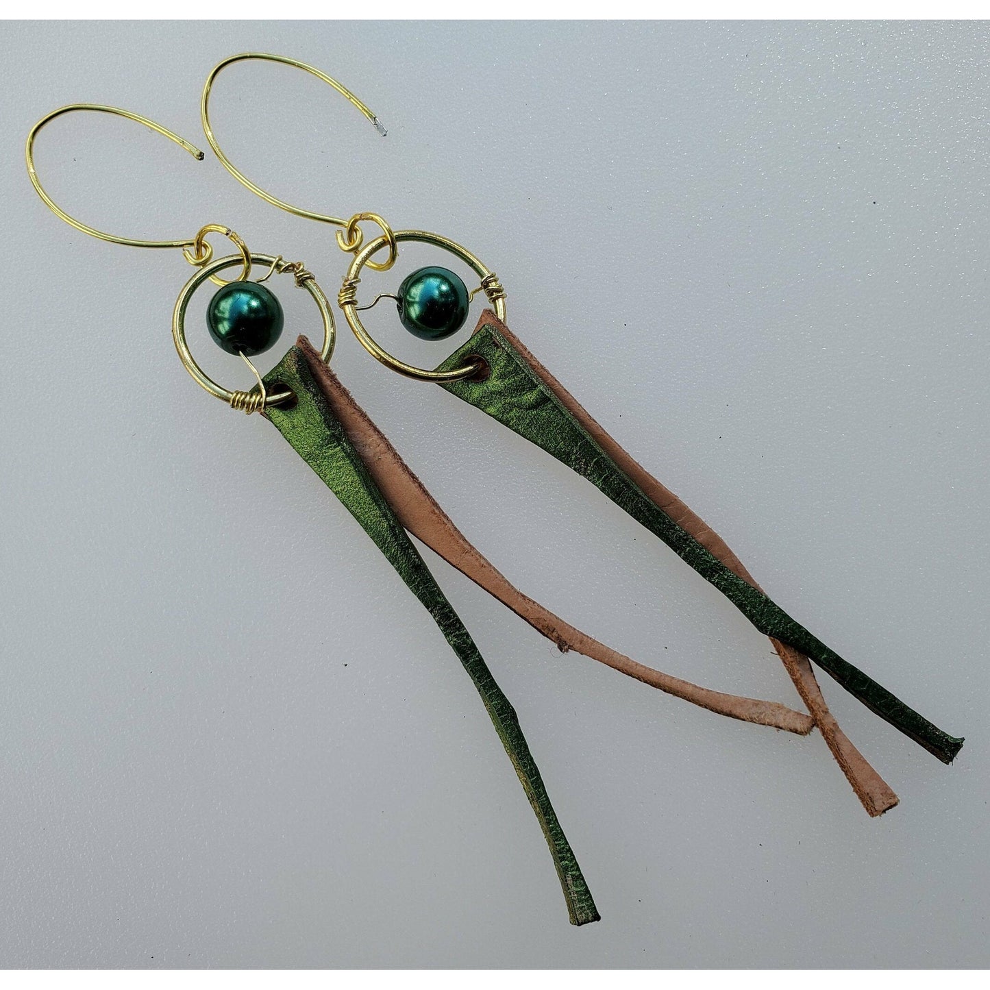 Metallic Green Leather Tassel Earrings