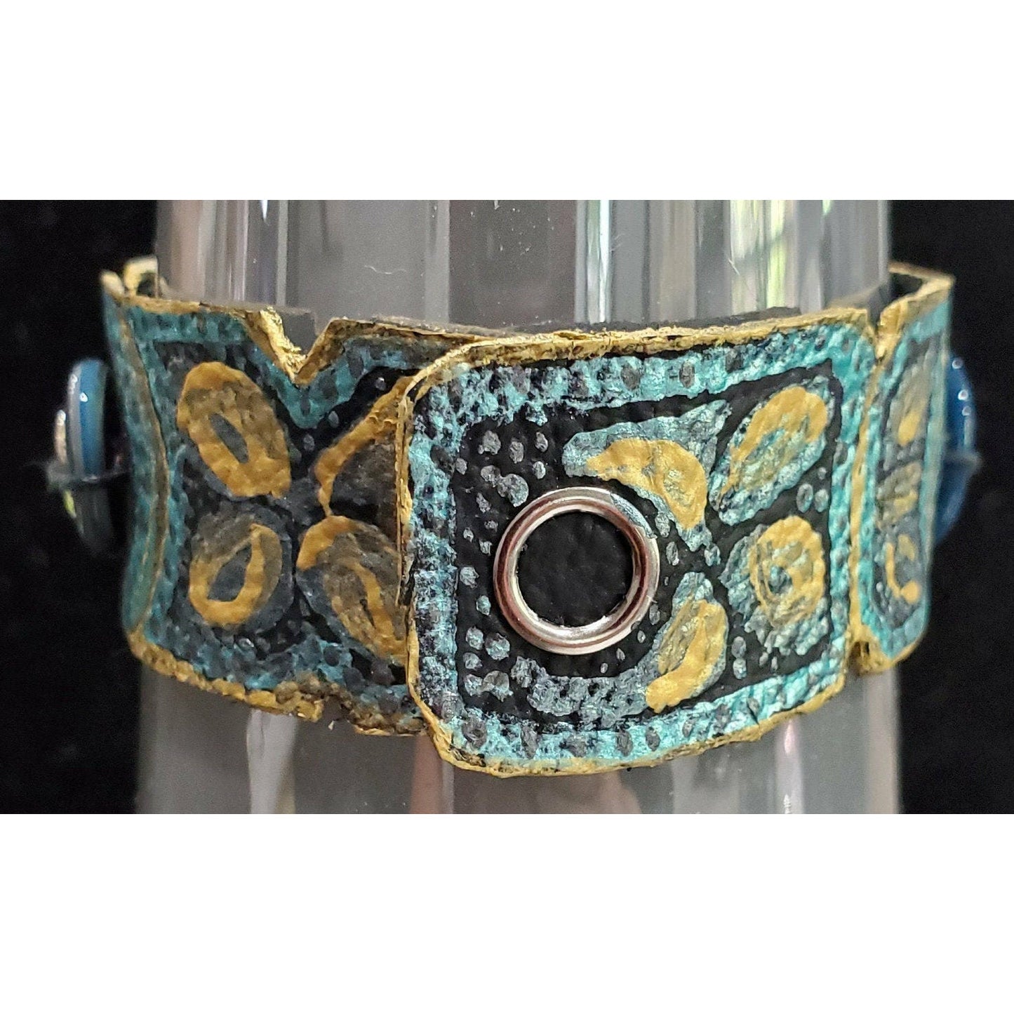 Teal and Gold Hand Painted Leather Bracelet