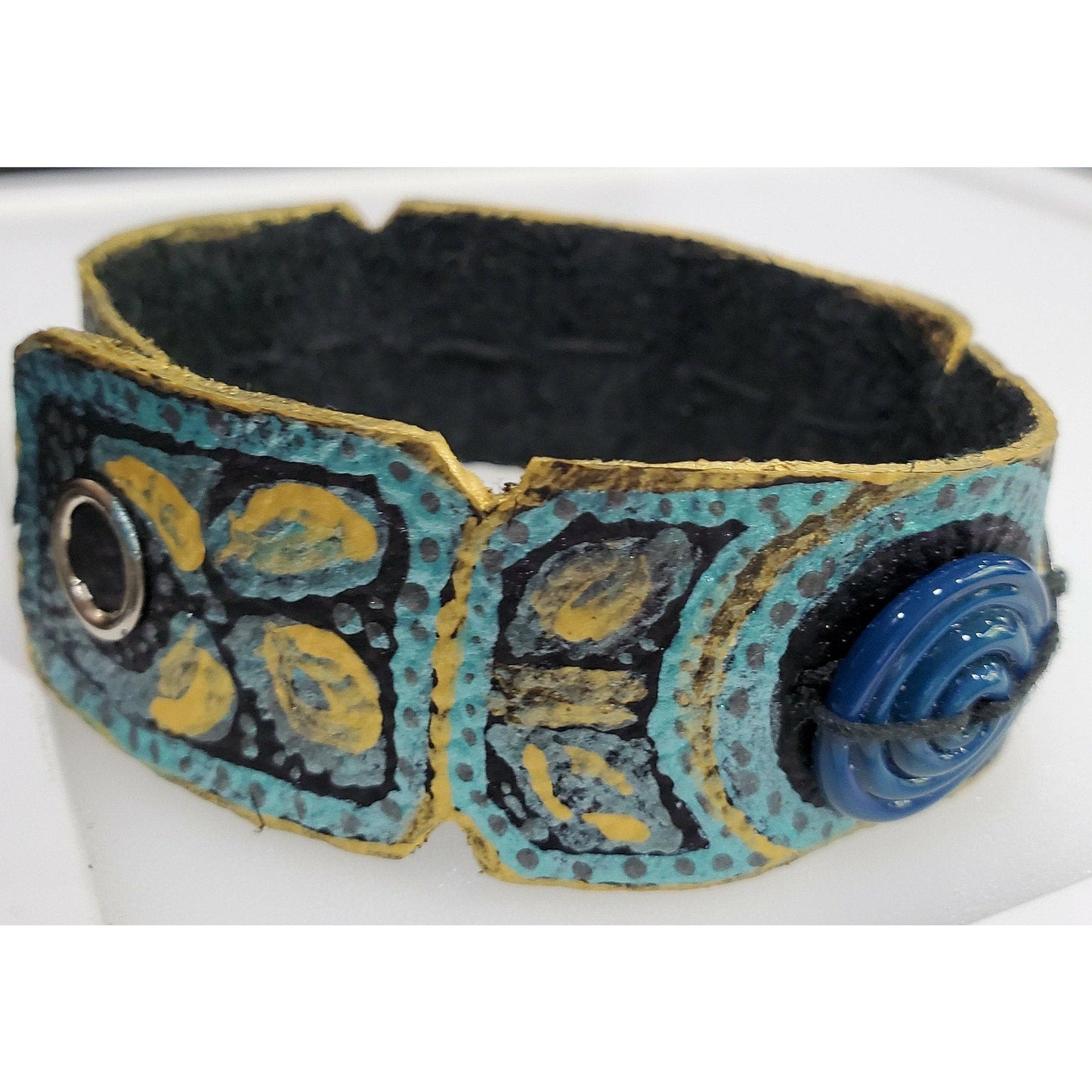 Teal and Gold Hand Painted Leather Bracelet