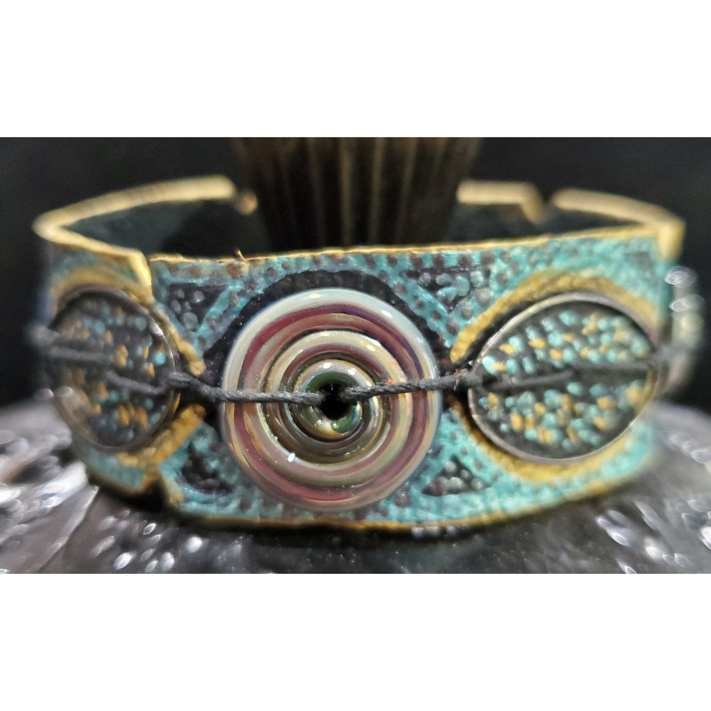 Teal and Gold Hand Painted Leather Bracelet