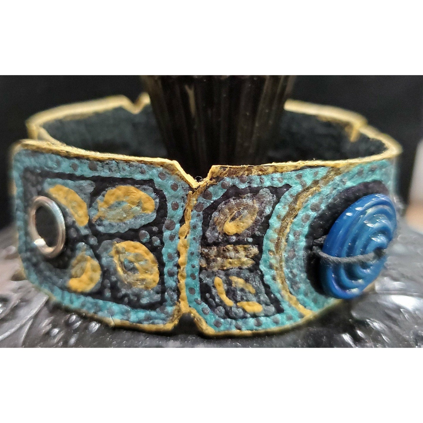 Teal and Gold Hand Painted Leather Bracelet