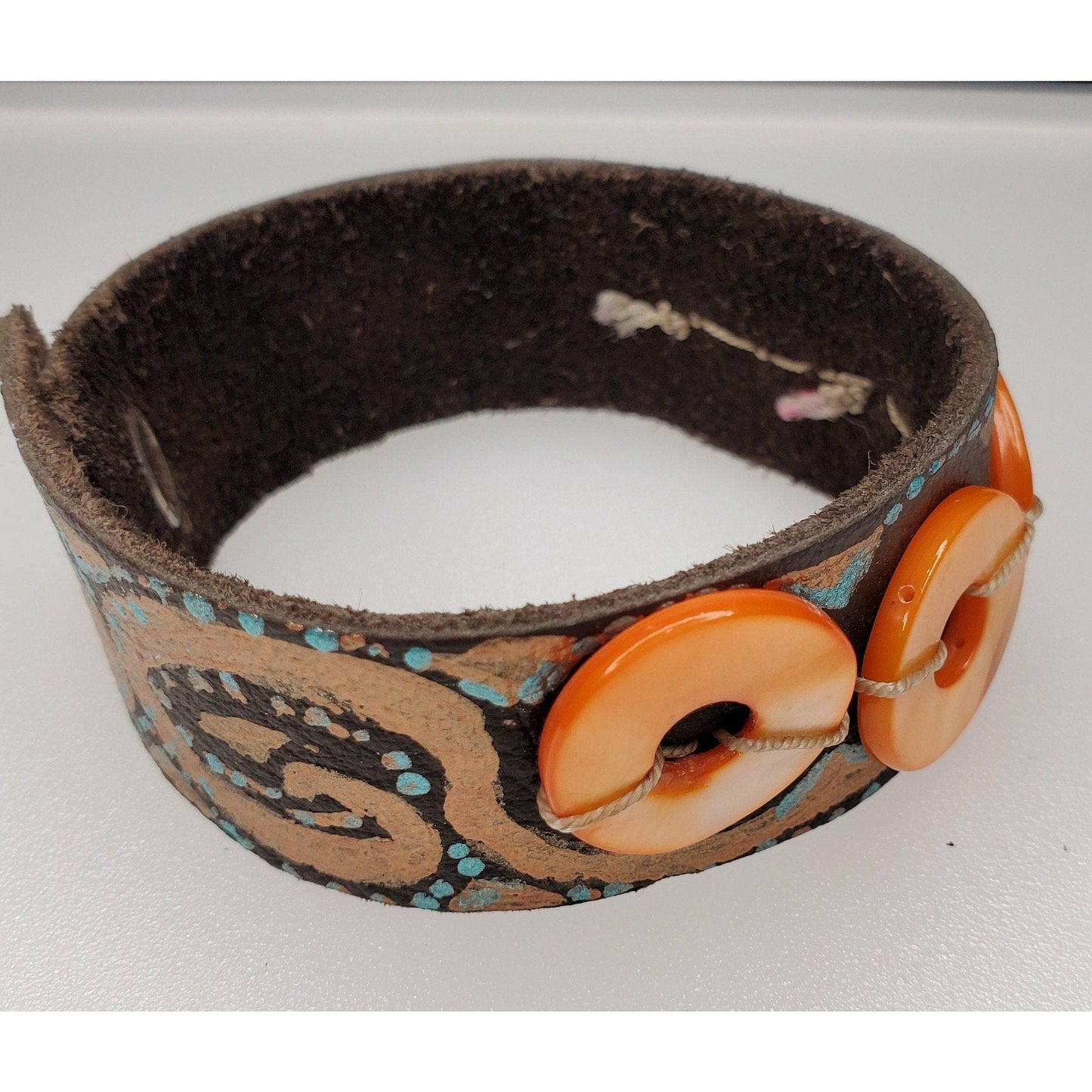 Orange Dyed Seashell Beads and Leather Bracelet
