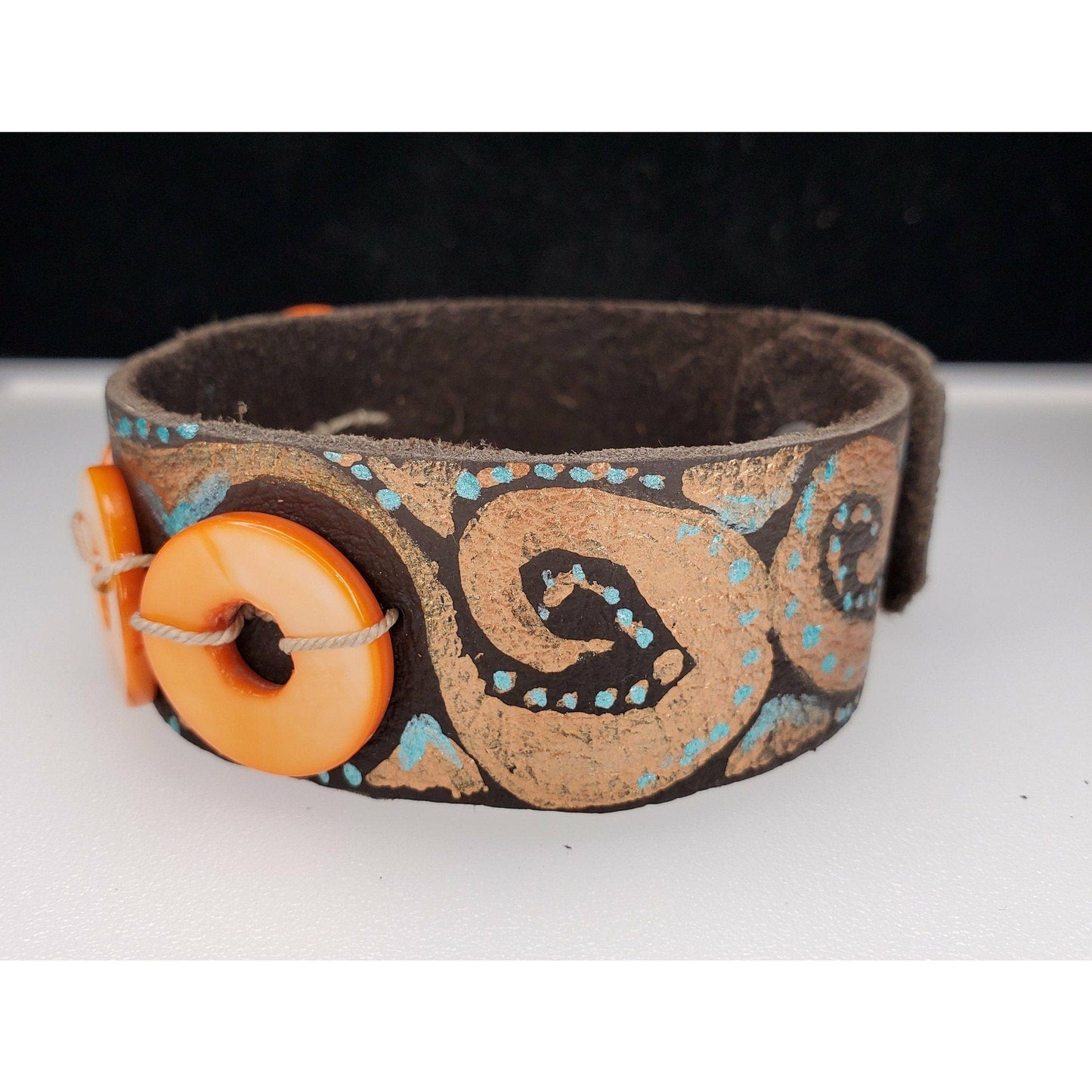 Orange Dyed Seashell Beads and Leather Bracelet