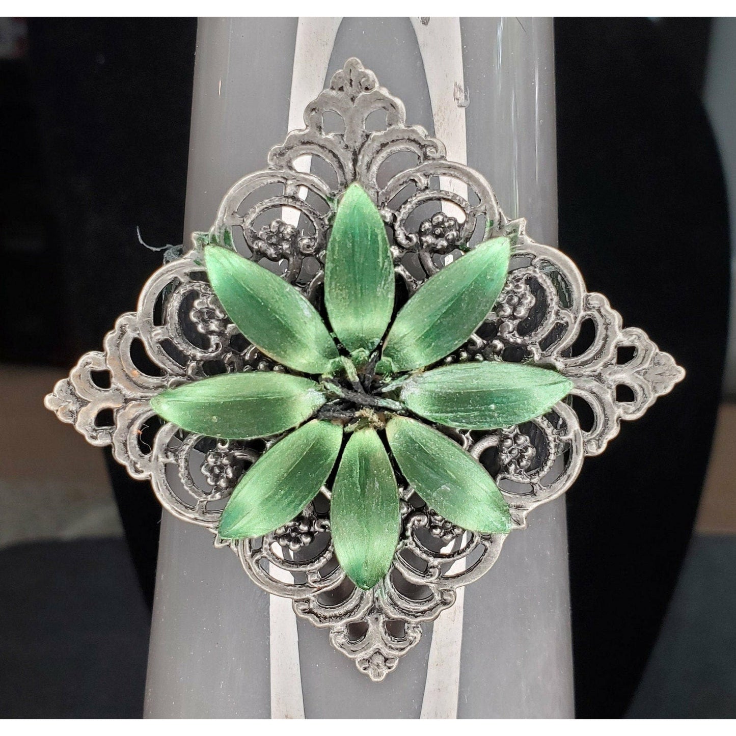 Green and Silver Black Leather Band Bracelet