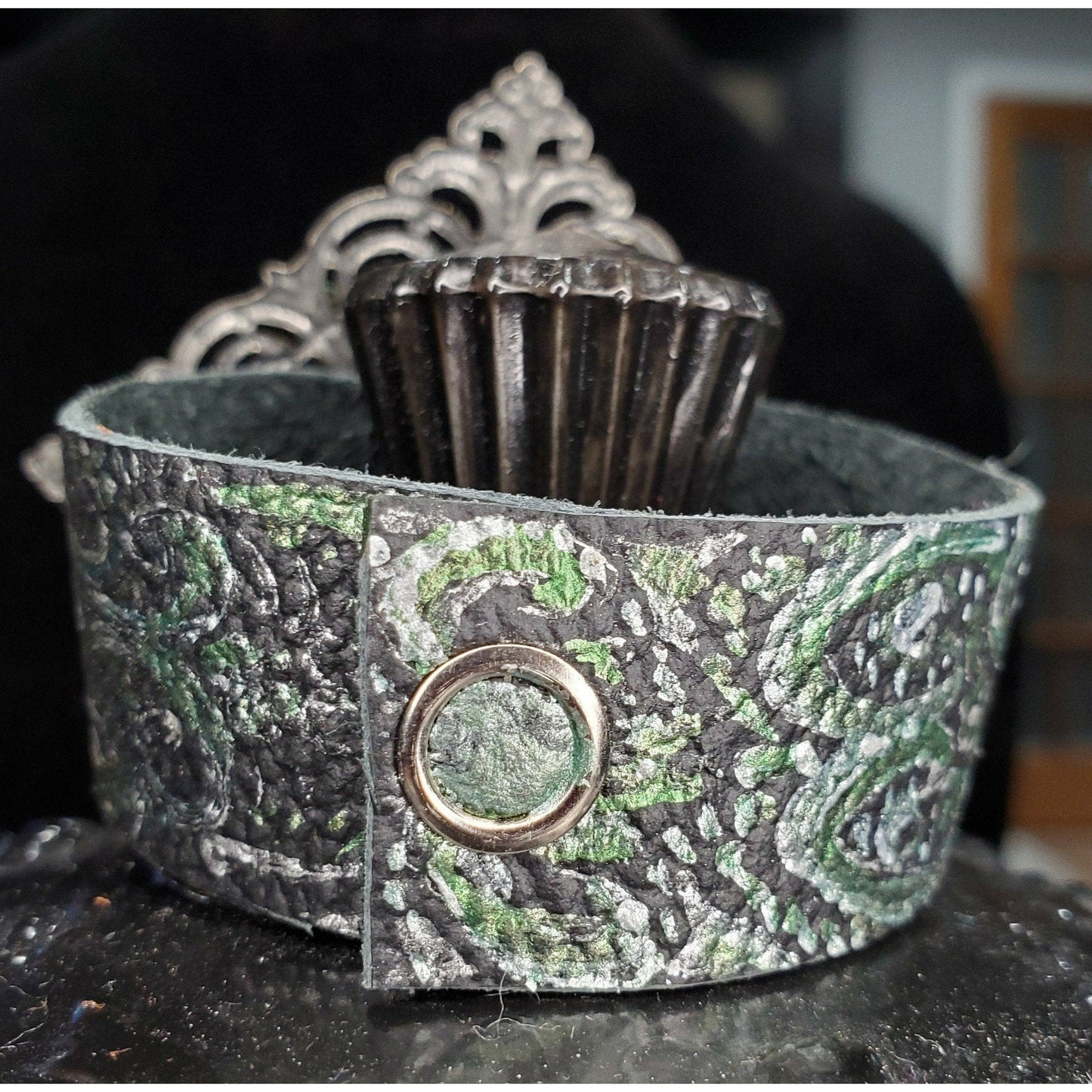 Green and Silver Black Leather Band Bracelet
