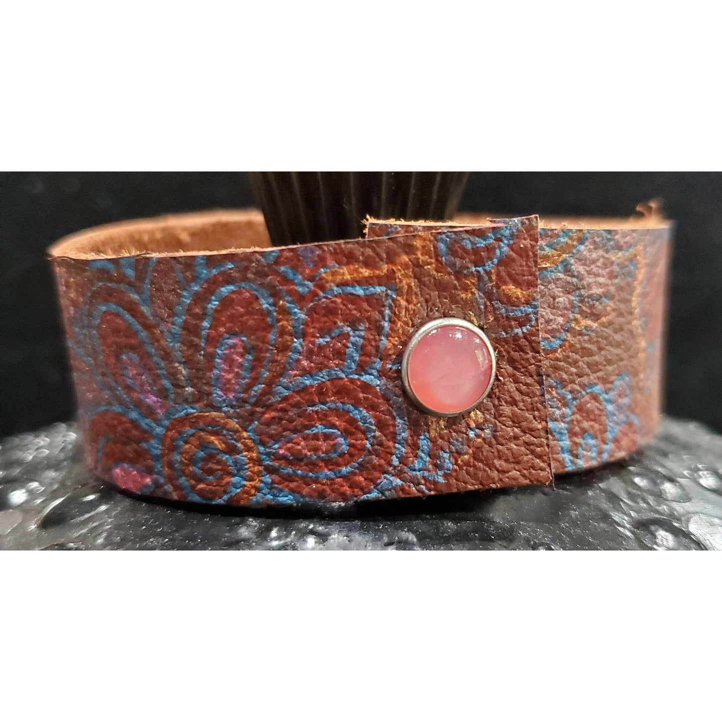 Pink and Blue Hand Painted Leather Bracelet