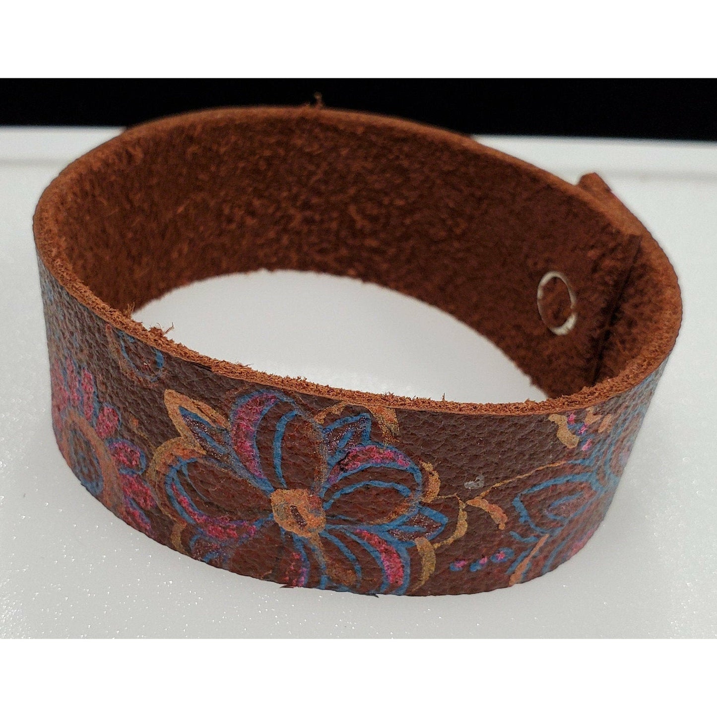 Pink and Blue Hand Painted Leather Bracelet