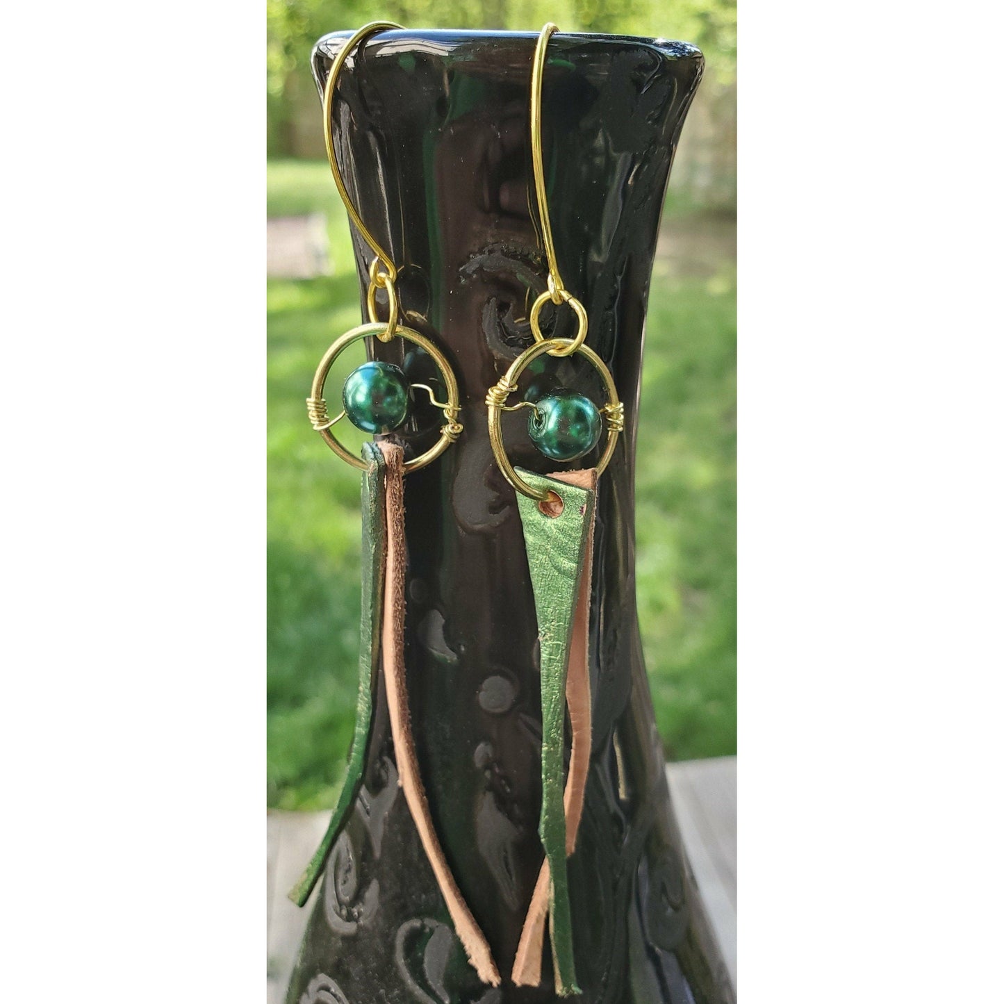 Metallic Green Leather Tassel Earrings