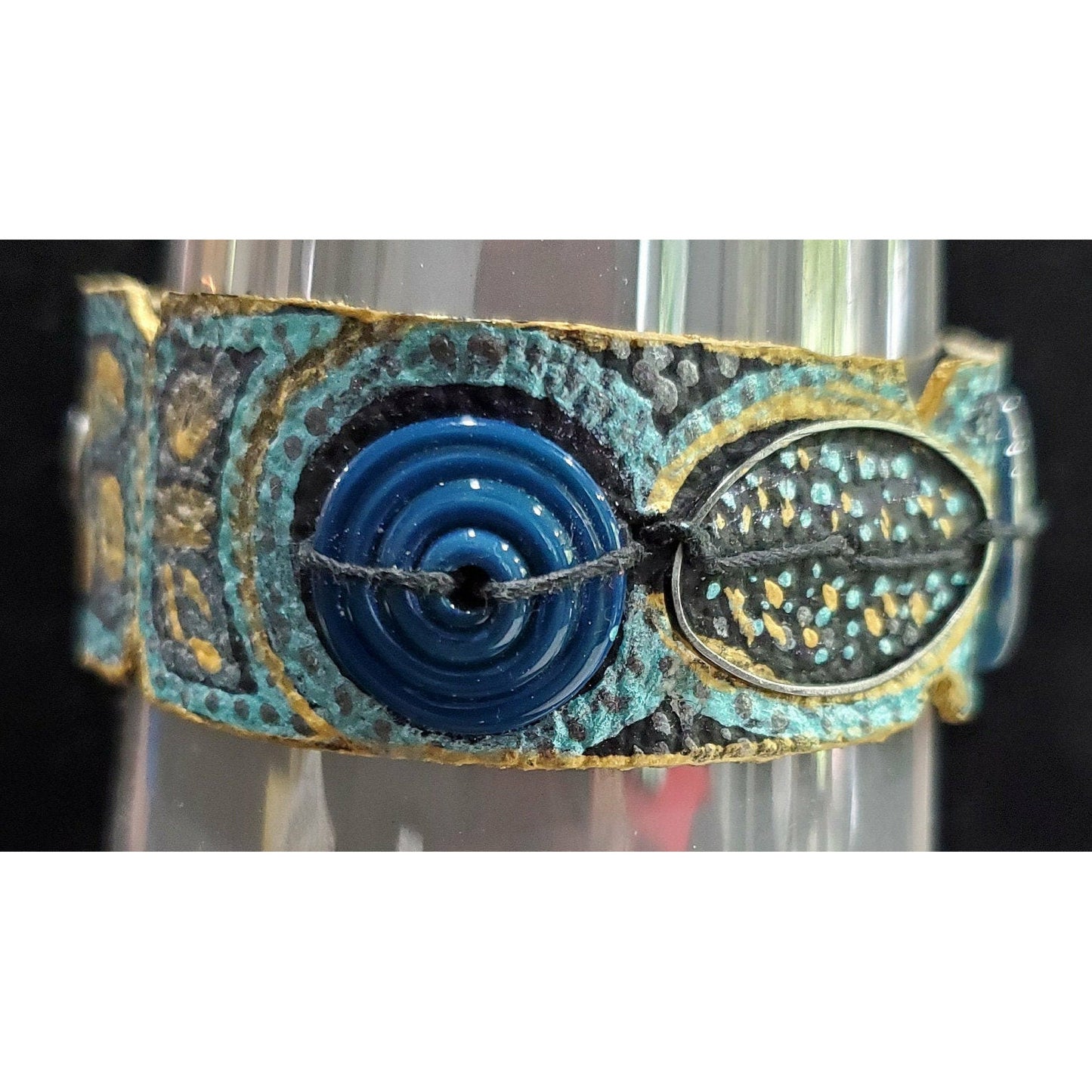 Teal and Gold Hand Painted Leather Bracelet