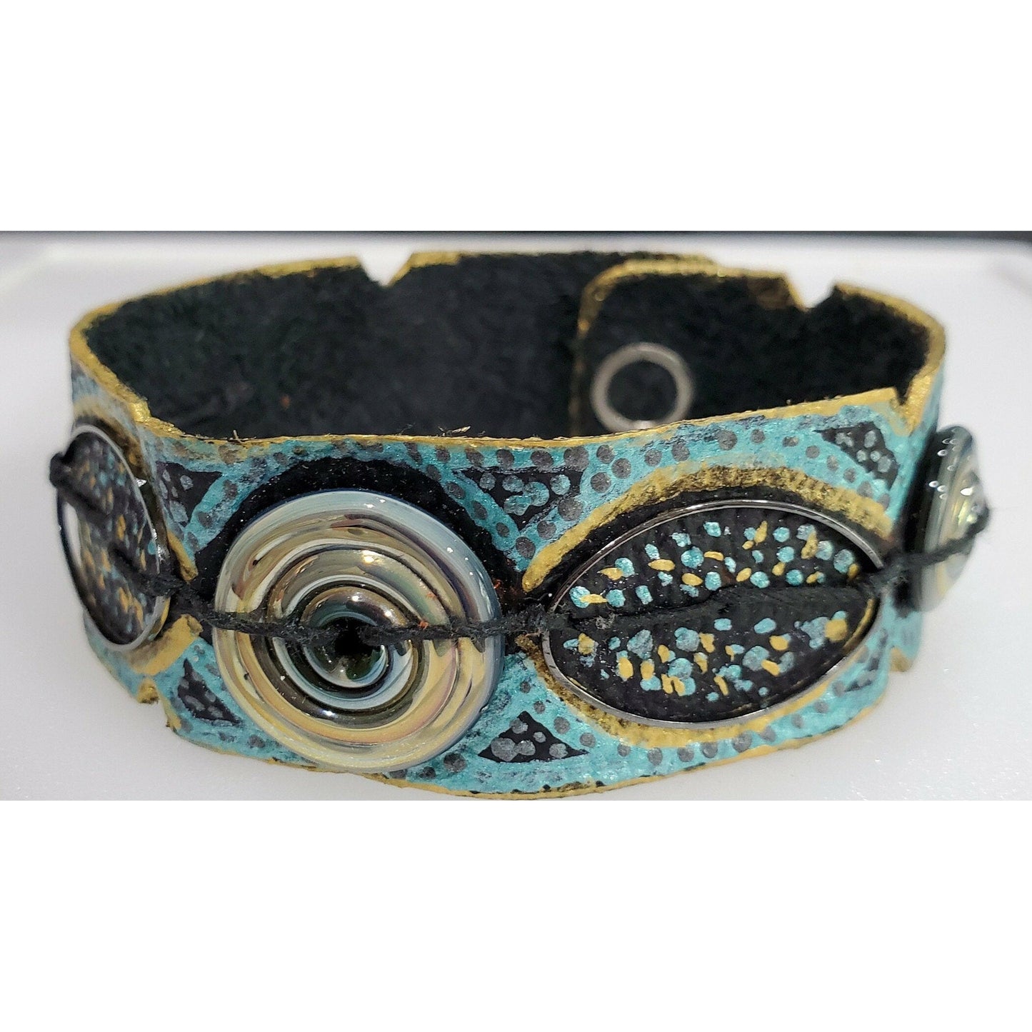 Teal and Gold Hand Painted Leather Bracelet