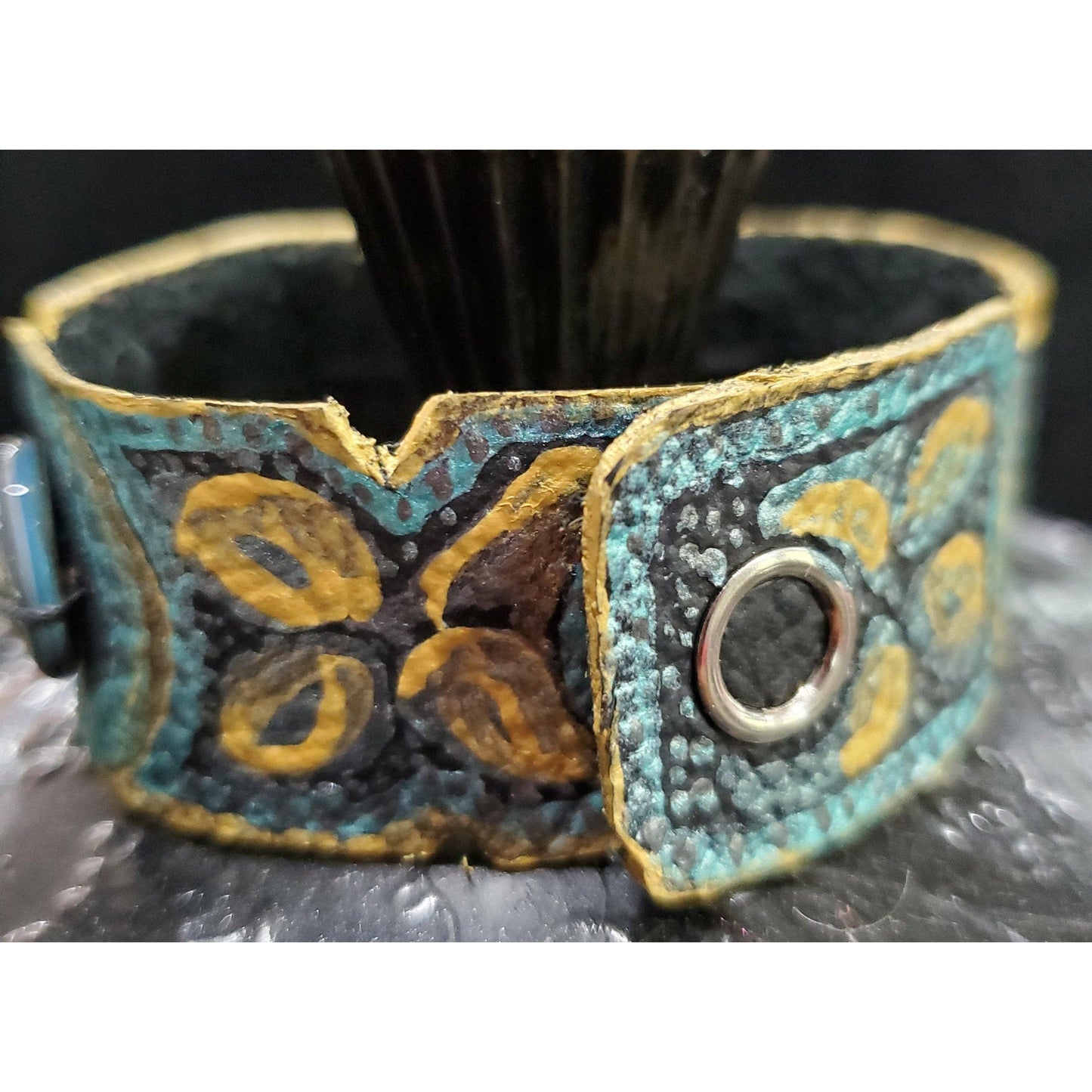 Teal and Gold Hand Painted Leather Bracelet