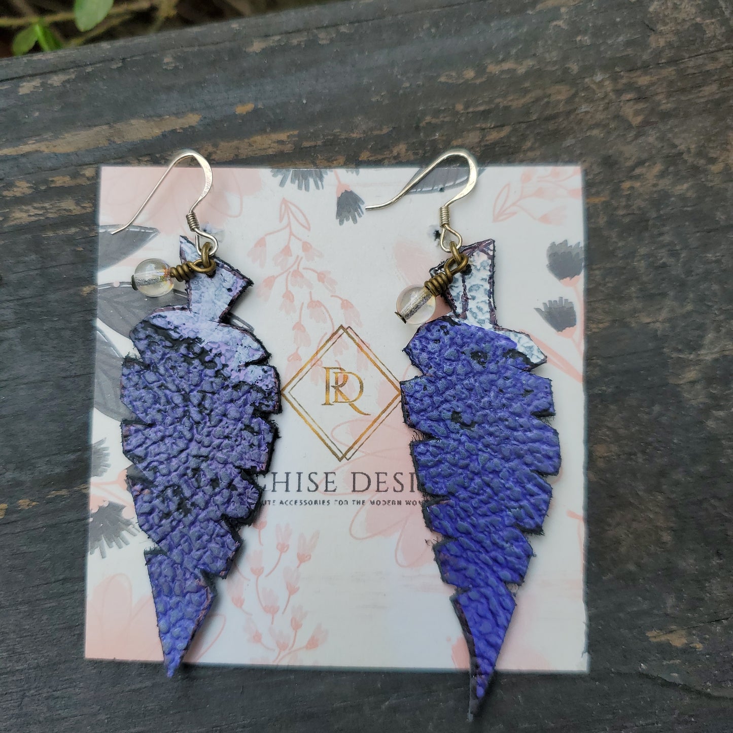 Violet Blue Leather Leaf Earrings