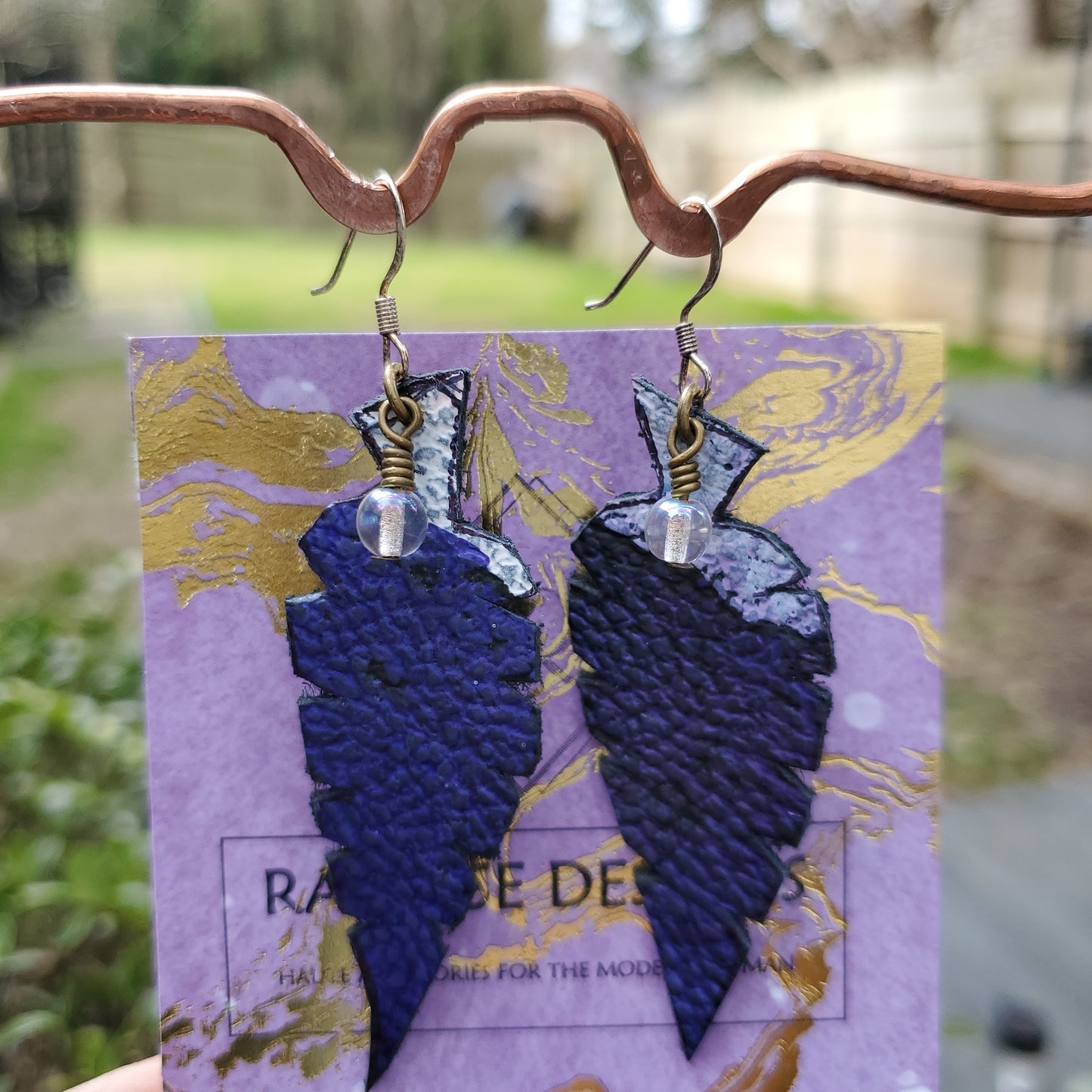 Violet Blue Leather Leaf Earrings