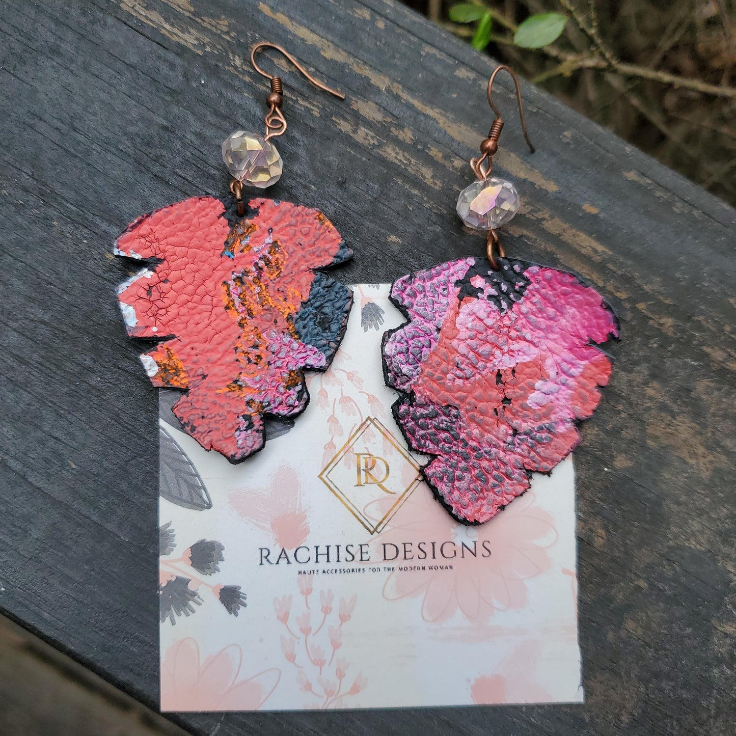 Coral, Pink and Black Leather Earrings