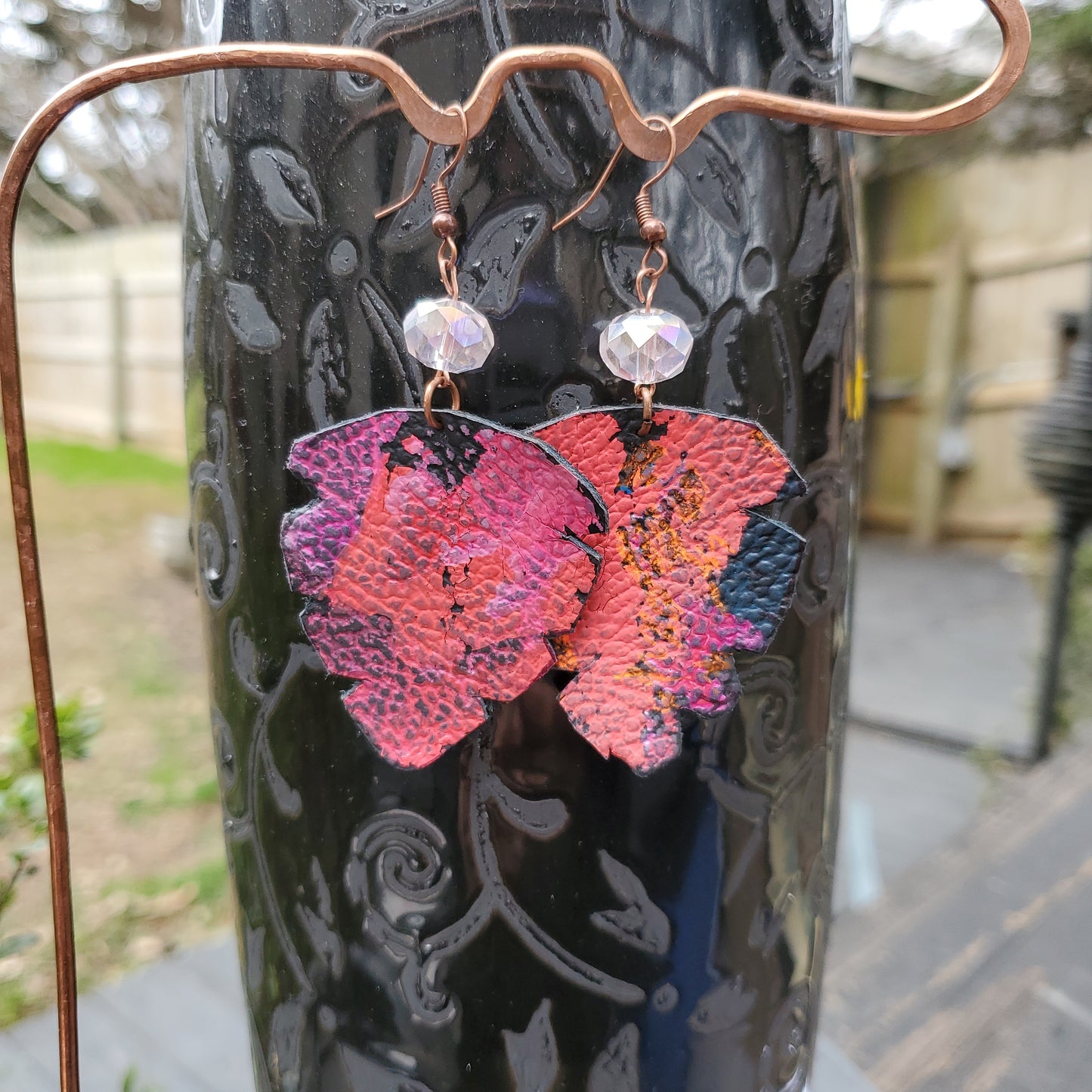 Coral, Pink and Black Leather Earrings