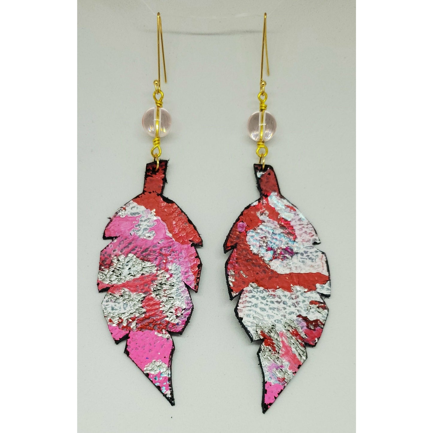 Pink, Red and White Leather Feather Earrings