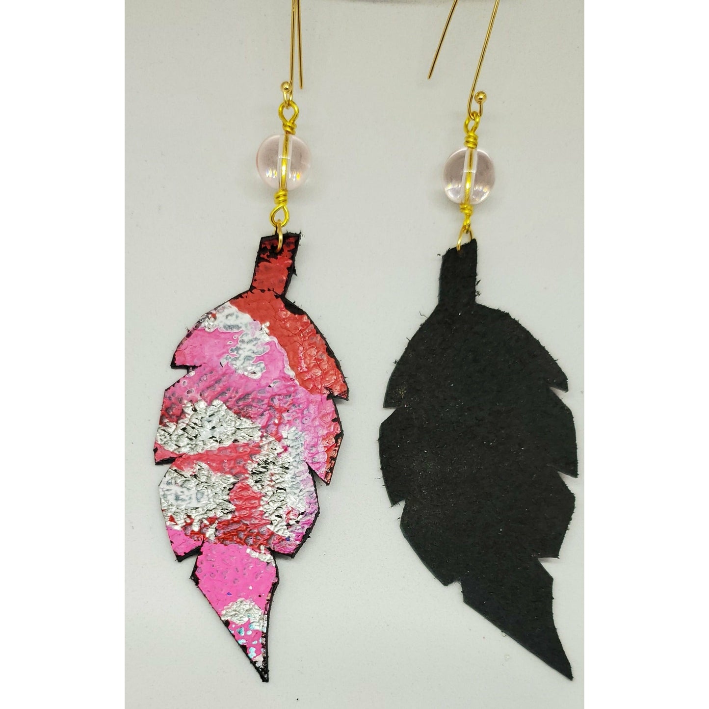 Pink, Red and White Leather Feather Earrings