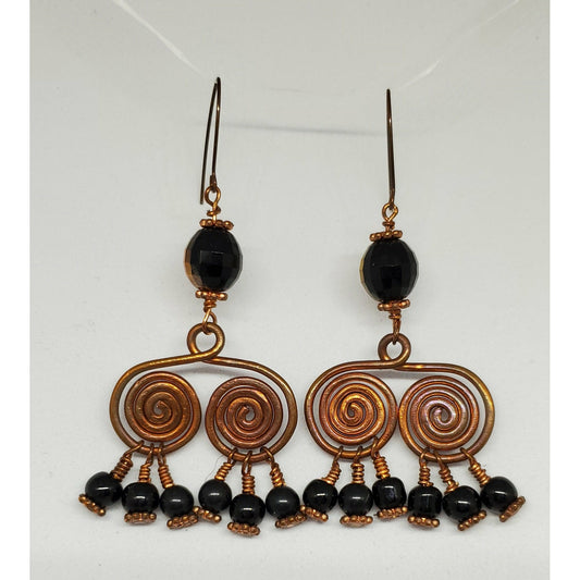 Copper and Black Bead Swirl Earrings